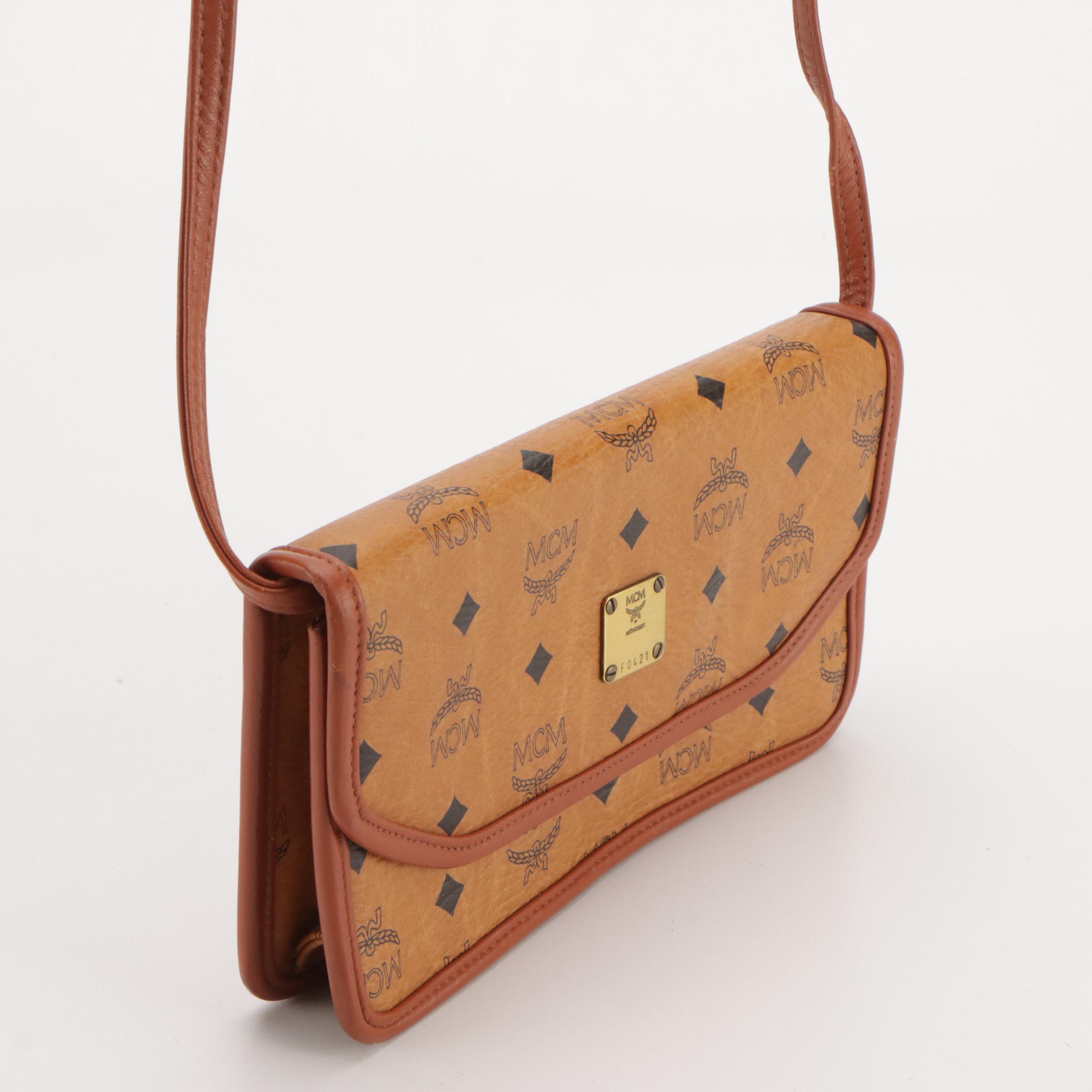 MCM Crossbody Clutch Bag in Cognac Visetots Coated Canvas and Leather