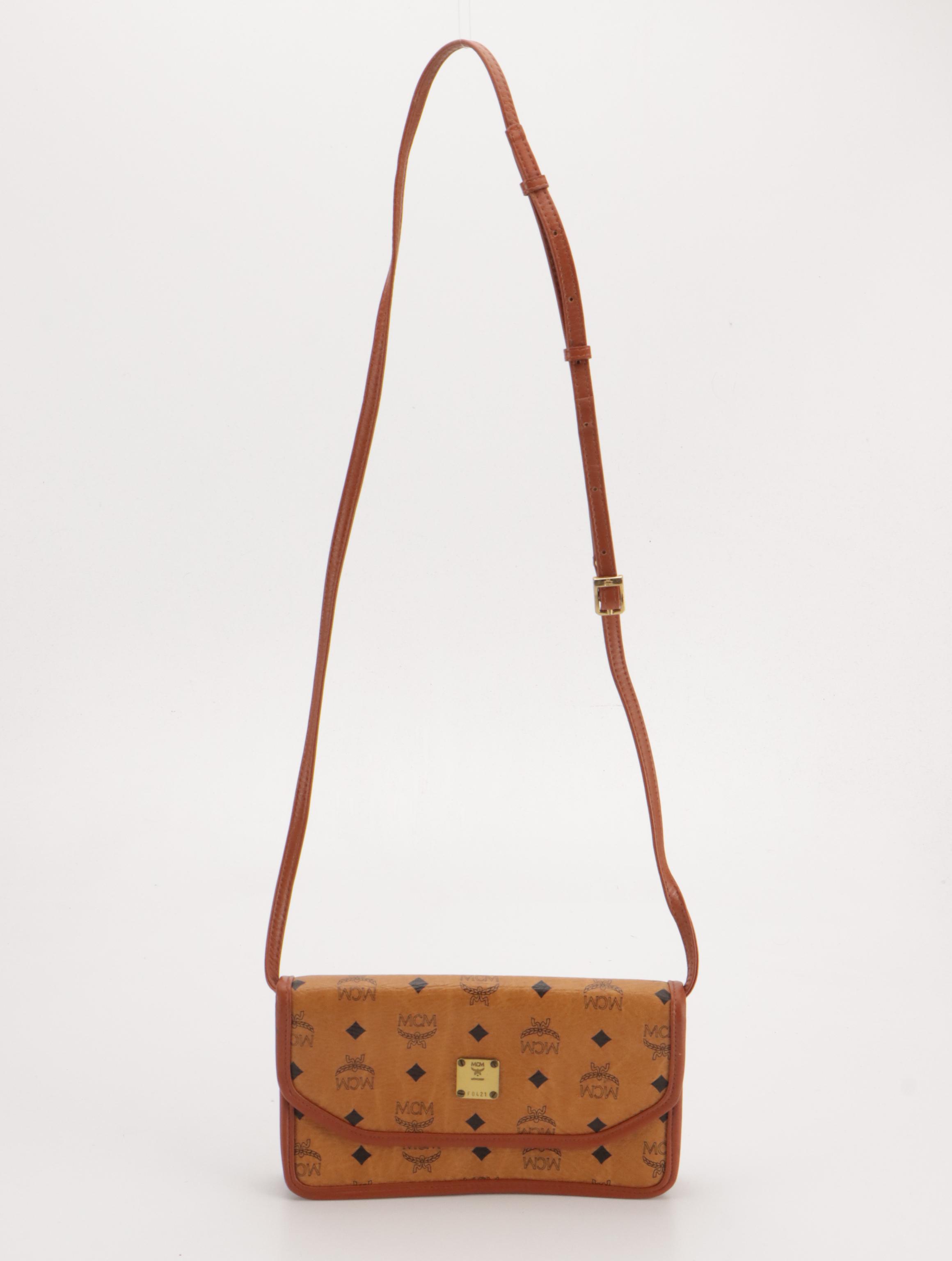 MCM Crossbody Clutch Bag in Cognac Visetots Coated Canvas and Leather