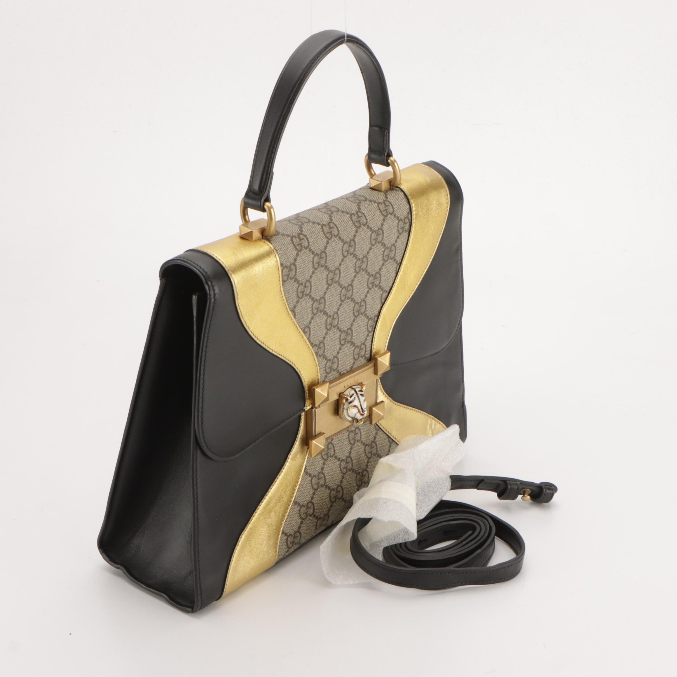 Gucci Osiride Top Handle Bag in GG Supreme Canvas & Black/Metallic Gold Leather