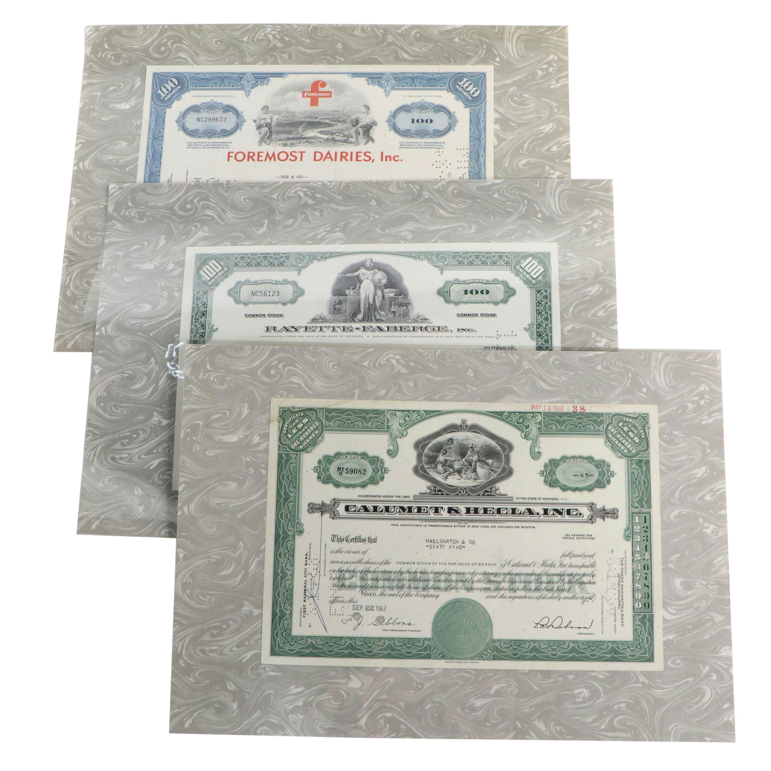 Foremost Dairies, Calumet & Hecla and Rayette-Faberge Stock Certificates, 1967