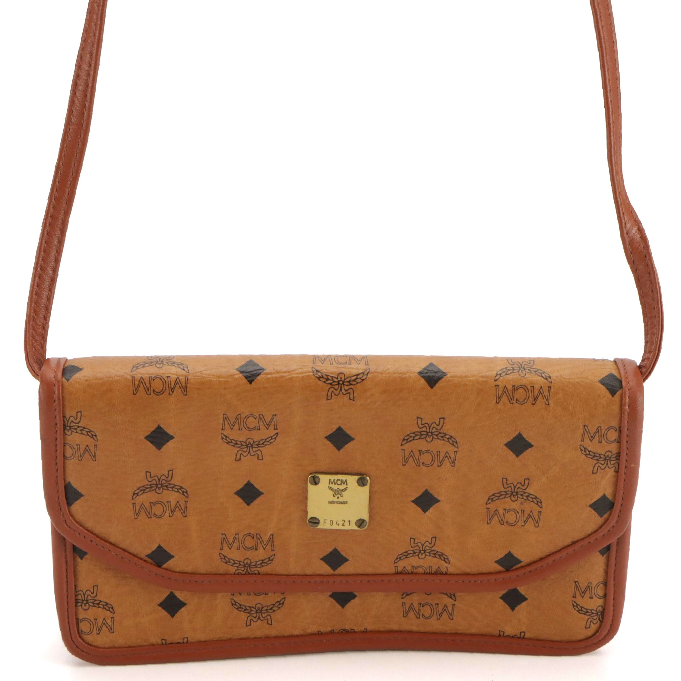 MCM Crossbody Clutch Bag in Cognac Visetots Coated Canvas and Leather