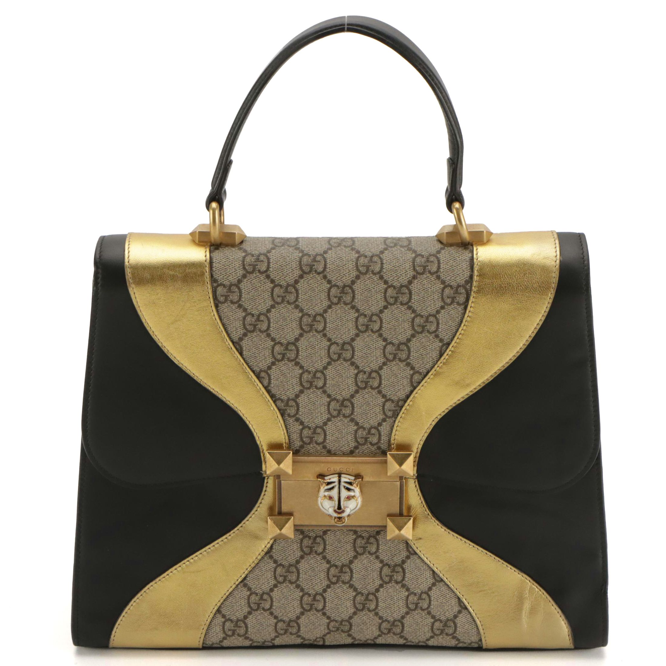 Gucci Osiride Top Handle Bag in GG Supreme Canvas & Black/Metallic Gold Leather