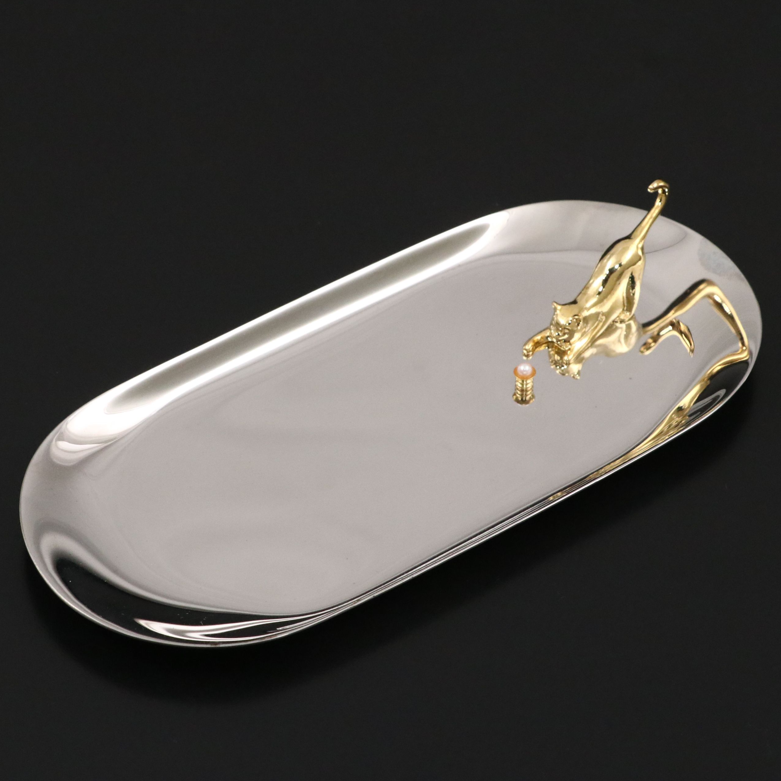 Mikimoto International Gilt Cat and Cultured Pearl Dish