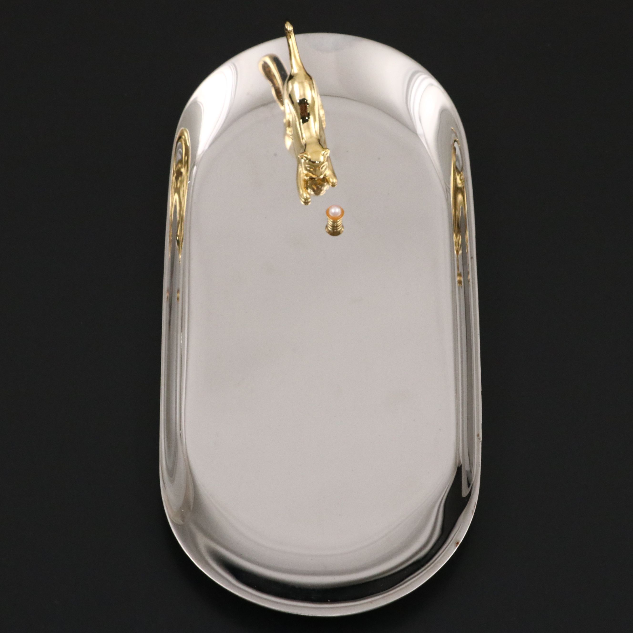 Mikimoto International Gilt Cat and Cultured Pearl Dish