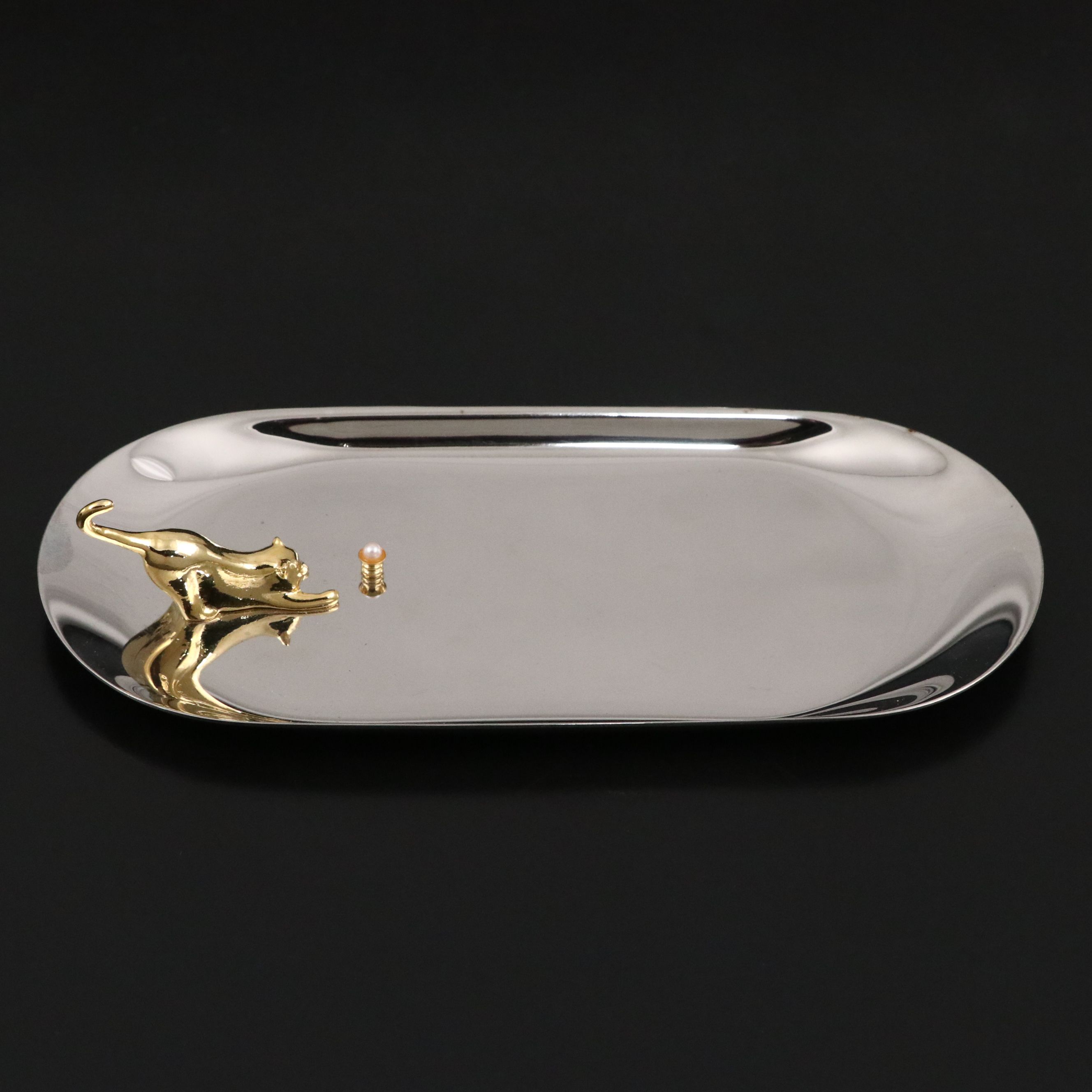 Mikimoto International Gilt Cat and Cultured Pearl Dish