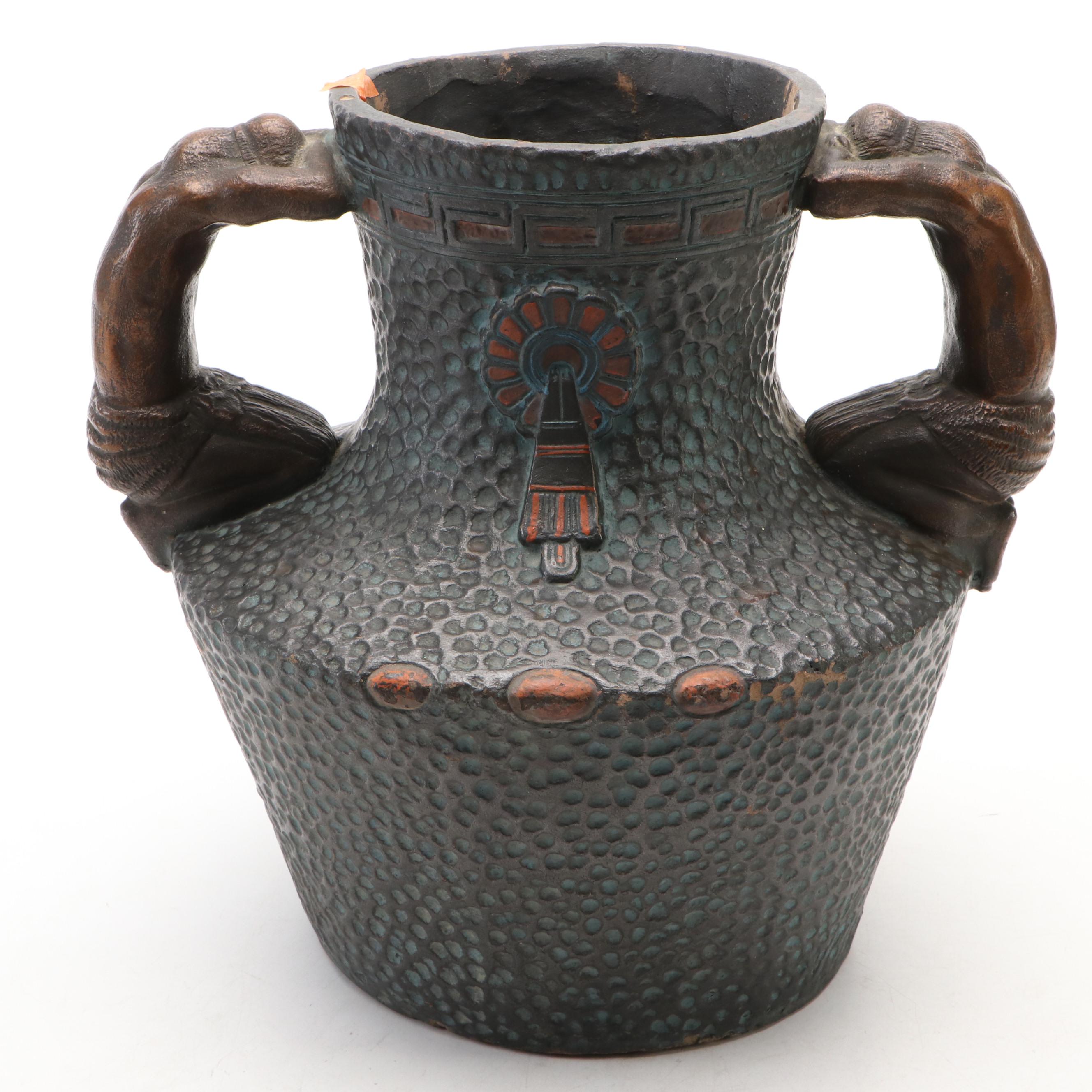 American Southwest Theme Pottery Vessel with Figural Handles, Vintage