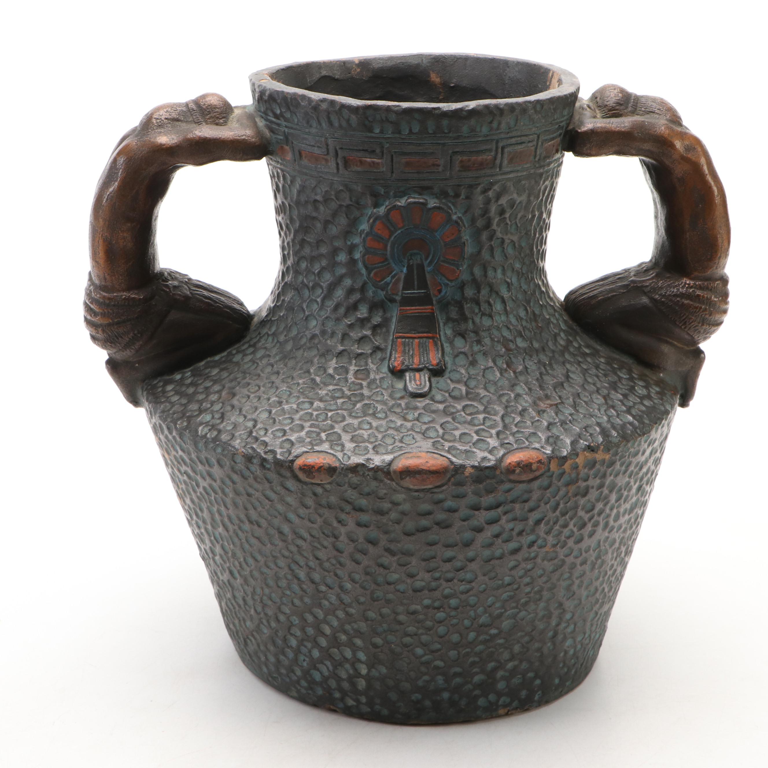 American Southwest Theme Pottery Vessel with Figural Handles, Vintage