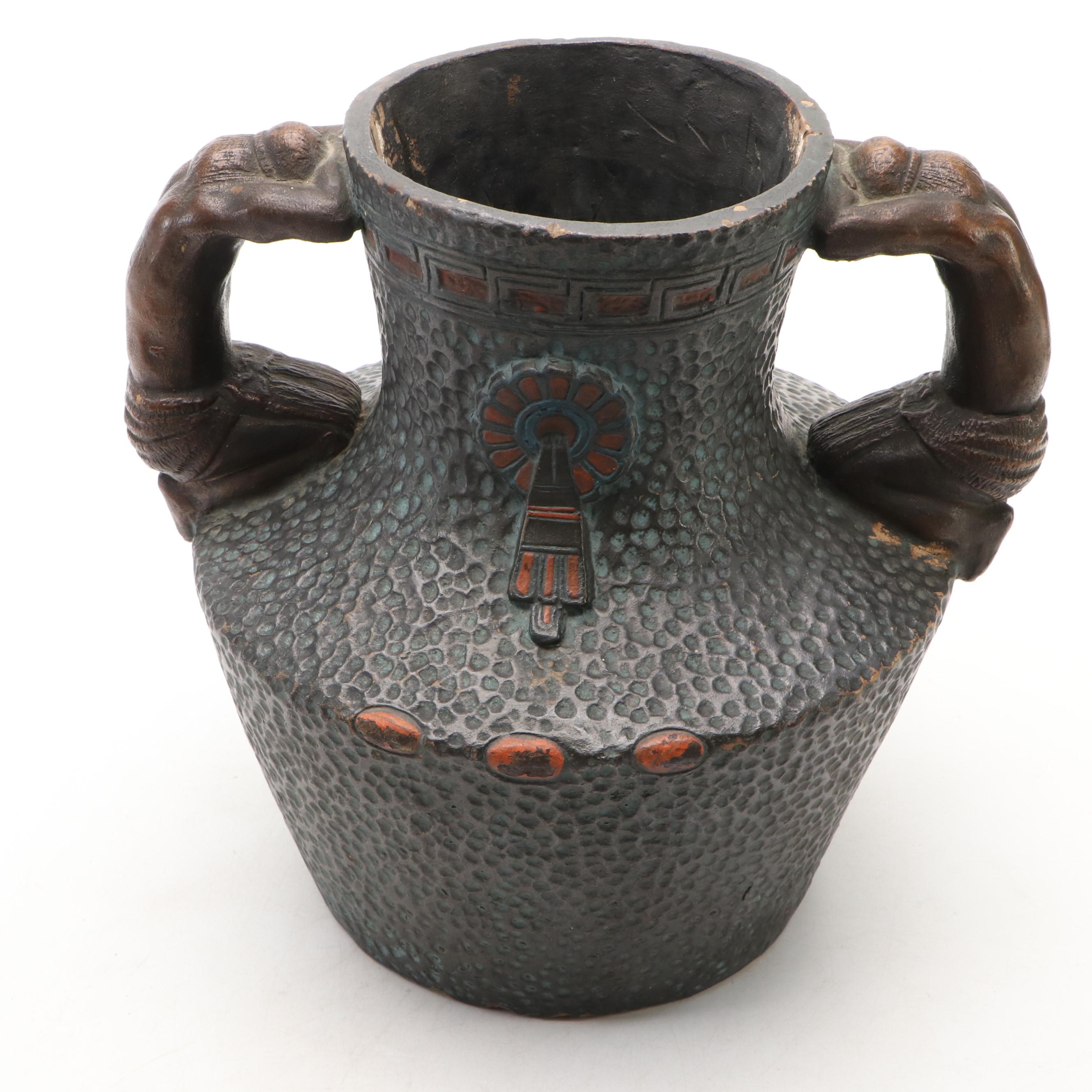 American Southwest Theme Pottery Vessel with Figural Handles, Vintage