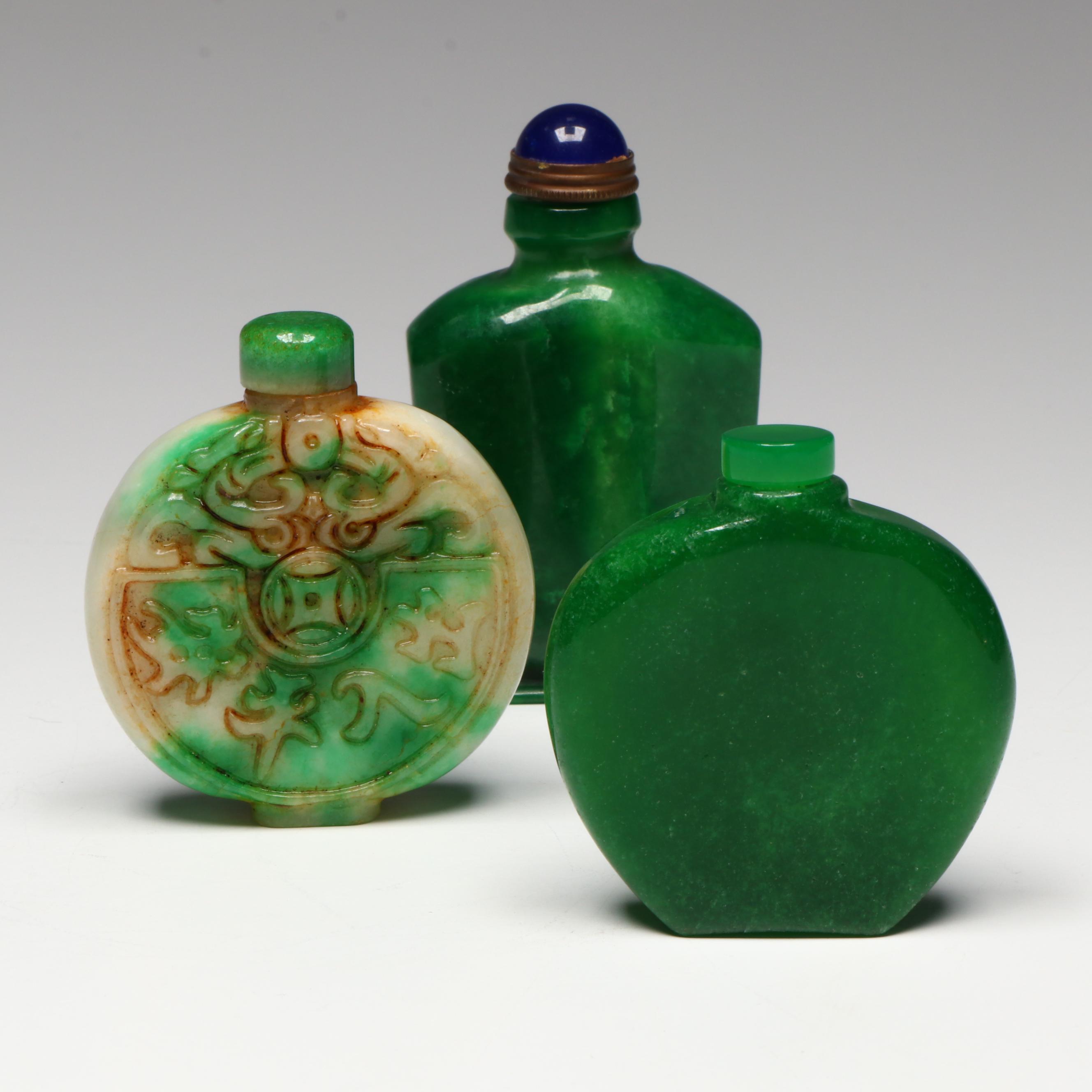 Chinese Carved Jadeite and Quartzite Snuff Bottles