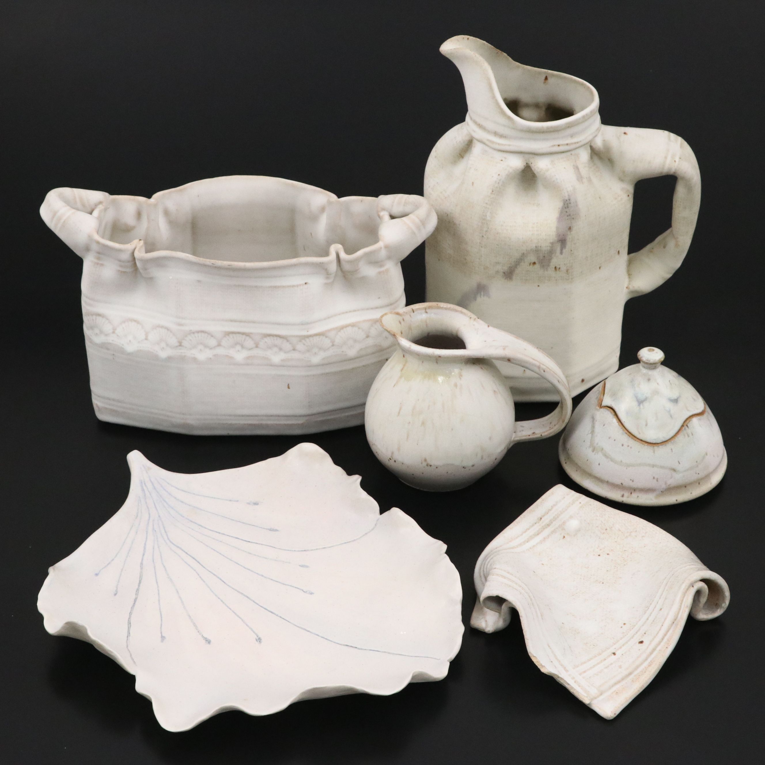 Artist Signed Art Pottery Pitcher, Lidded Jar, and More Table Accessories