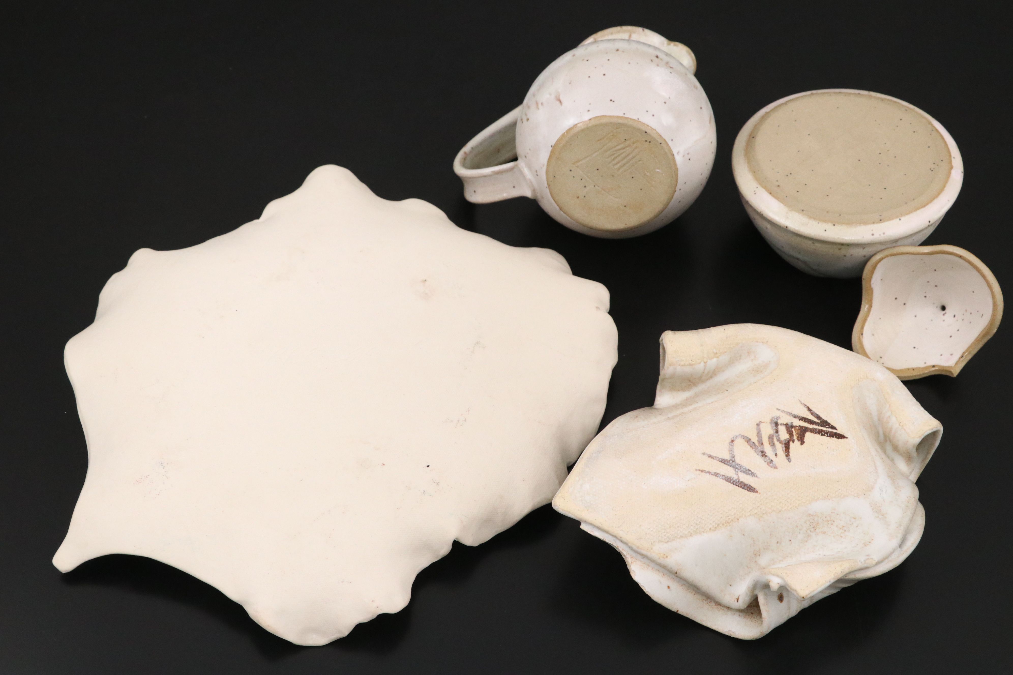 Artist Signed Art Pottery Pitcher, Lidded Jar, and More Table Accessories