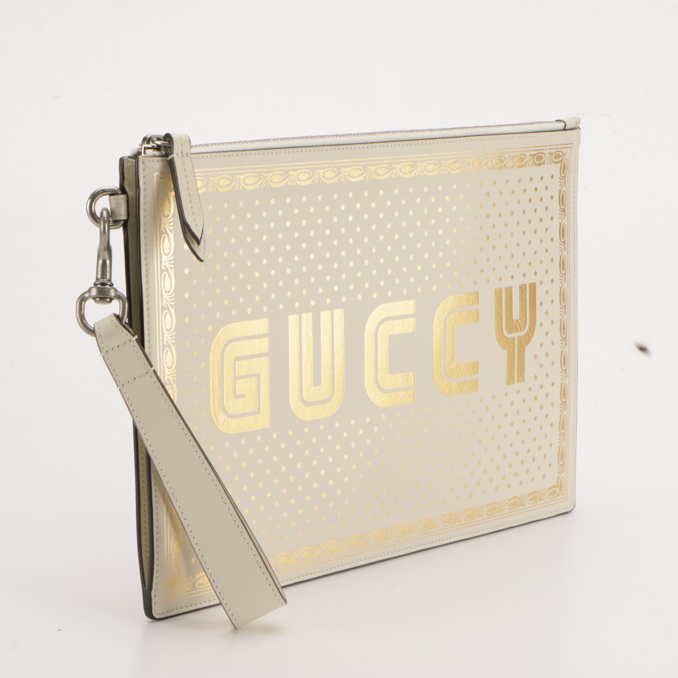 Gucci ''GUCCY'' Zip Wristlet Clutch in Star Printed Calfskin Leather, With Box