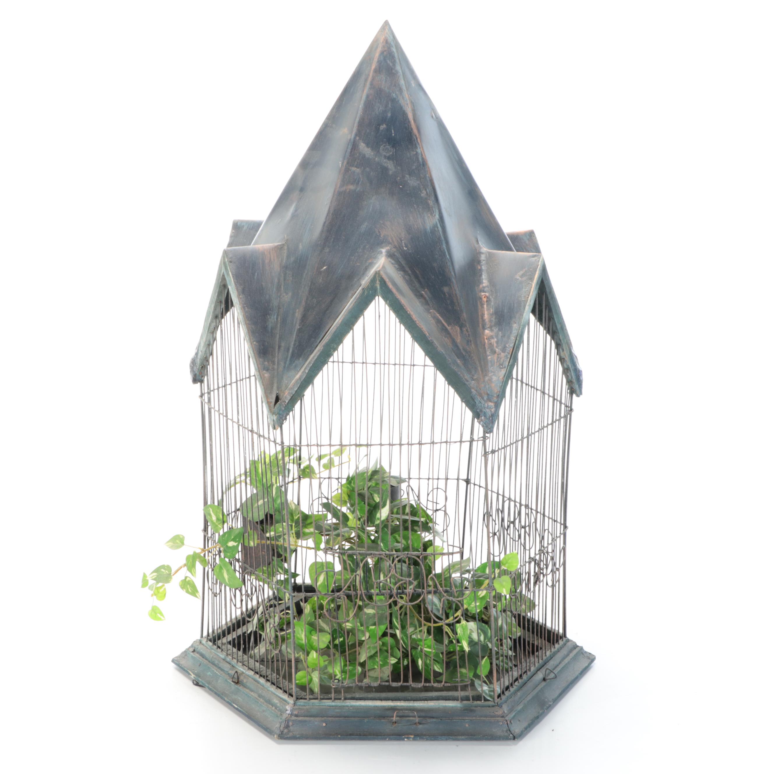 Victorian Style Black Decorative Birdcage with Artificial Plants