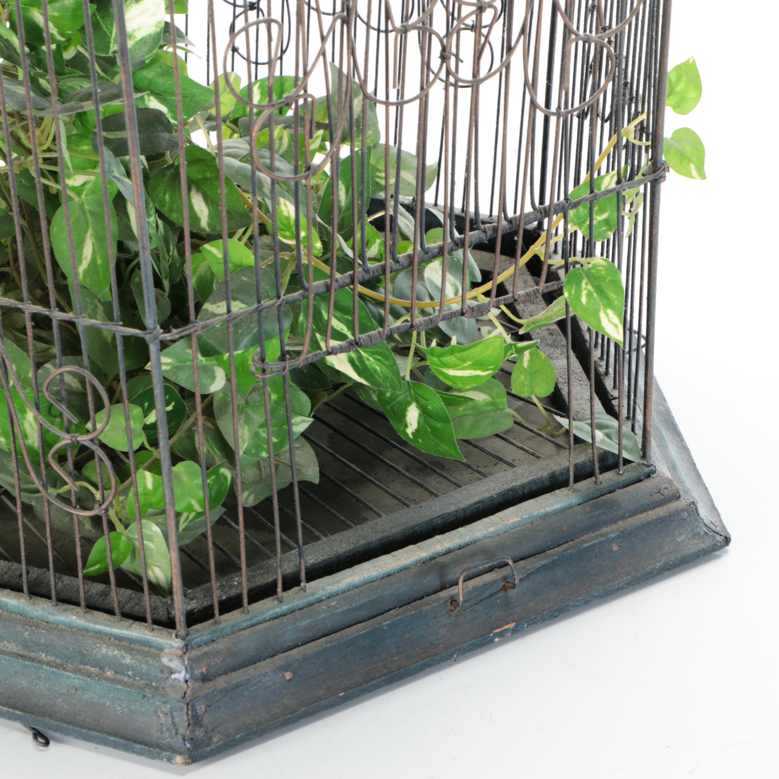Victorian Style Black Decorative Birdcage with Artificial Plants