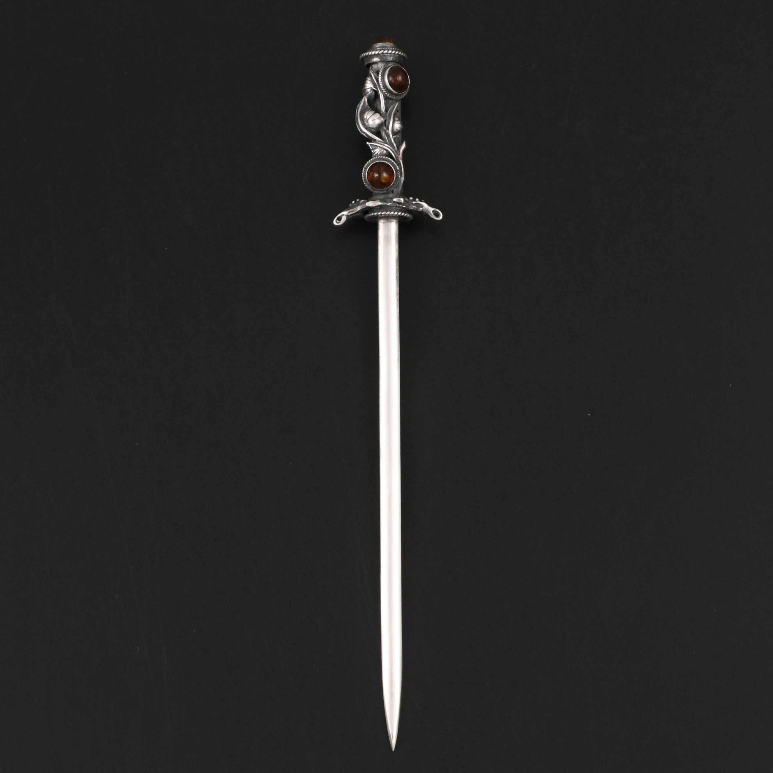 Art Nouveau Sterling with Spangled Amber Cabochons Letter Opener