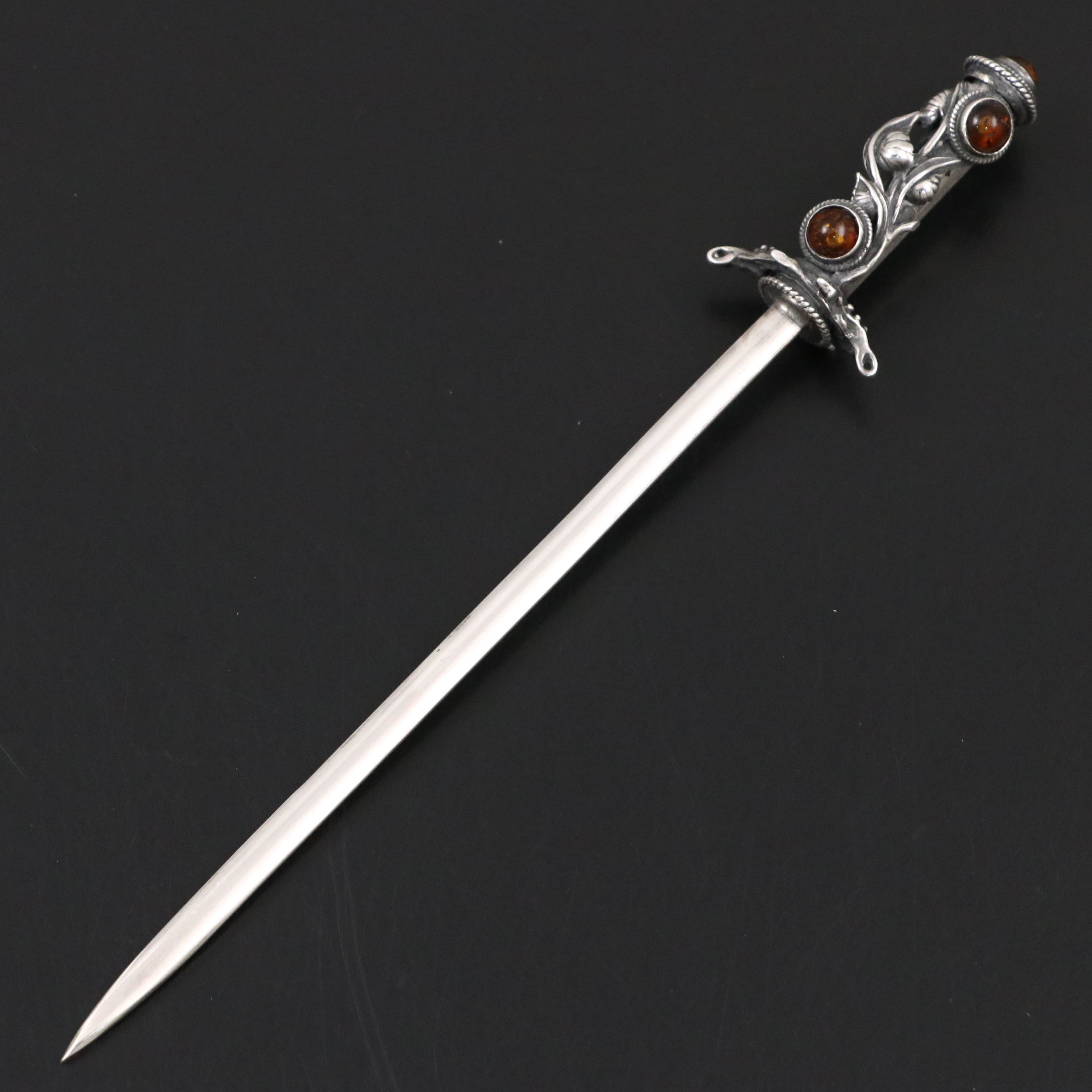 Art Nouveau Sterling with Spangled Amber Cabochons Letter Opener