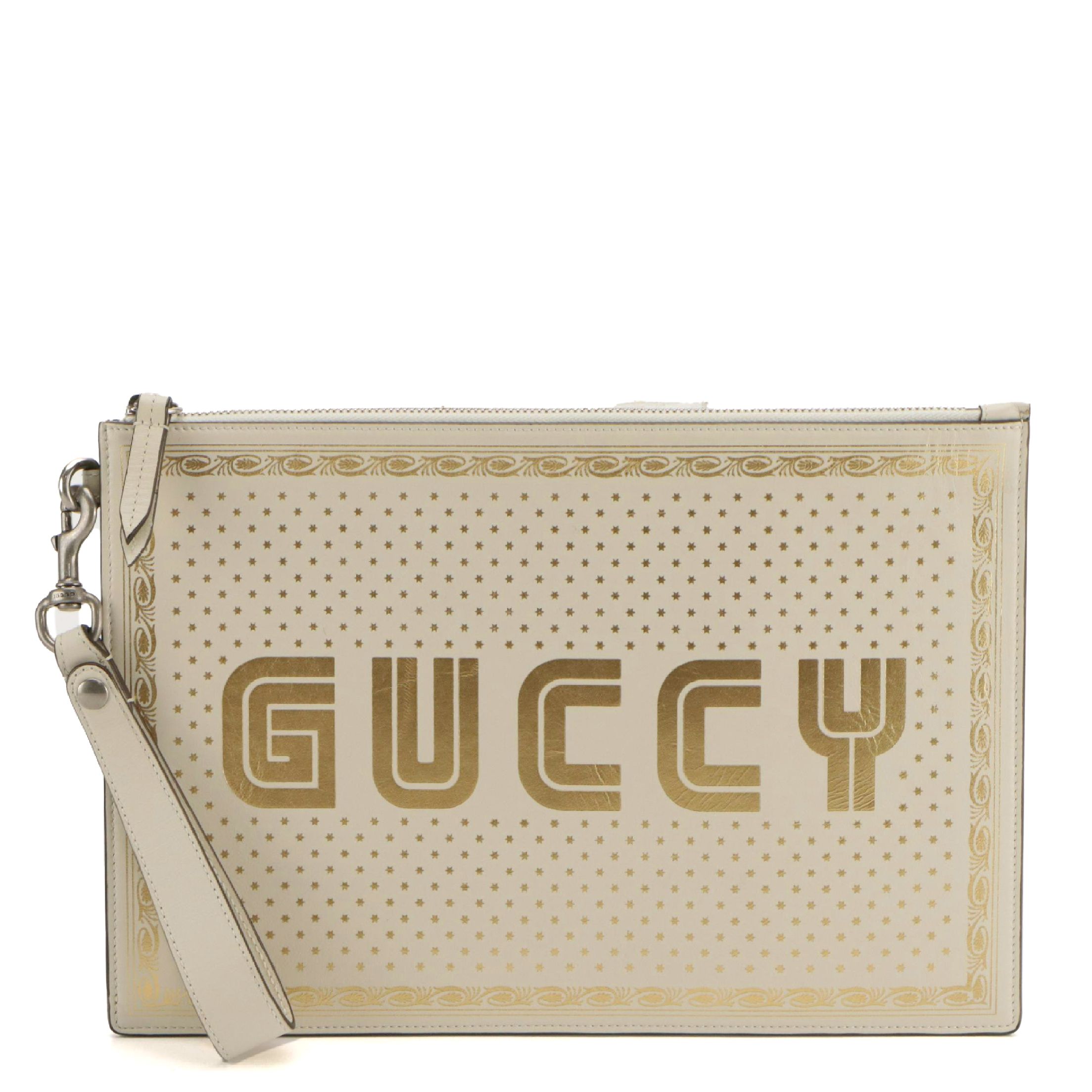 Gucci ''GUCCY'' Zip Wristlet Clutch in Star Printed Calfskin Leather, With Box