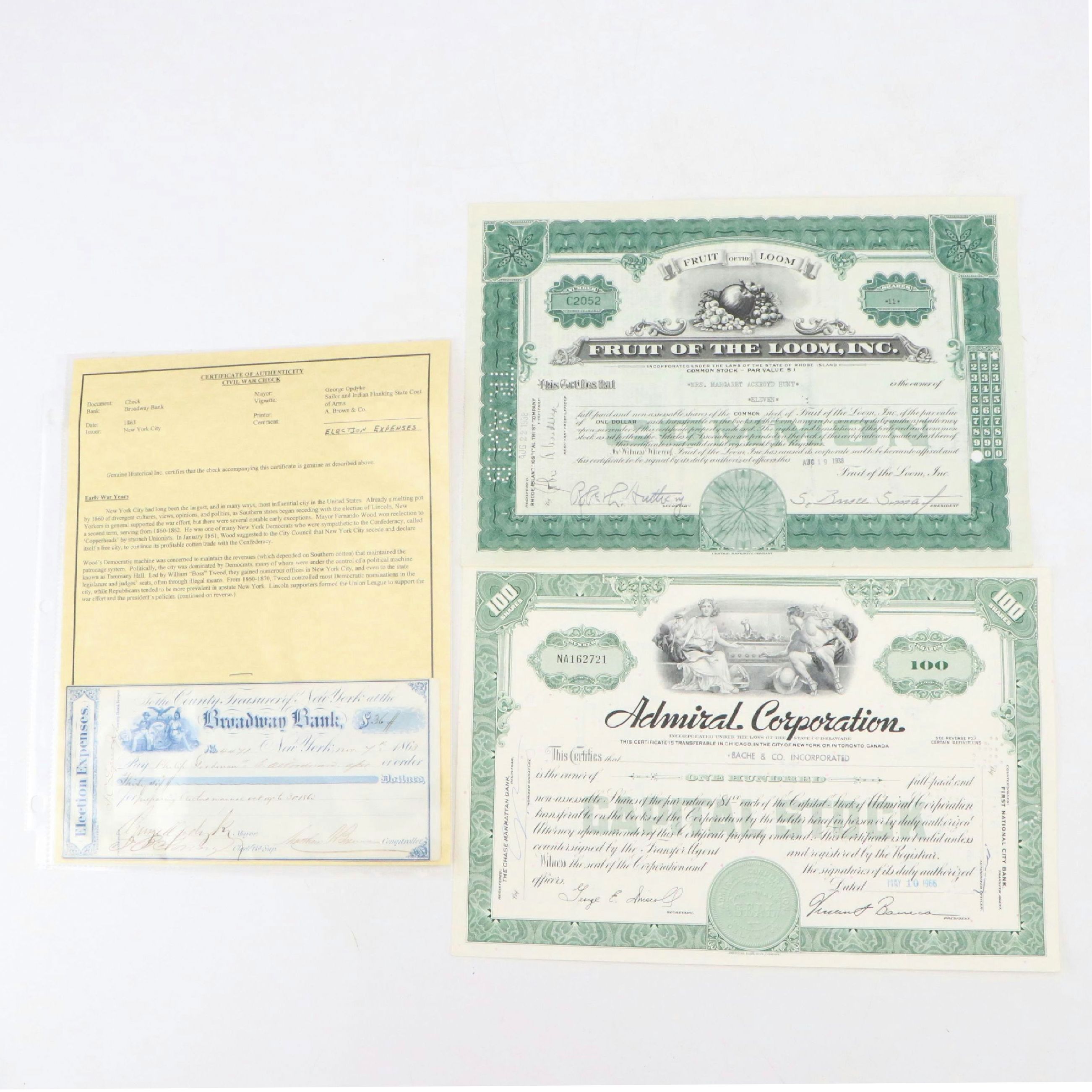 1863 George Opdyke Signed Election Expenses Check with Stock Certificates