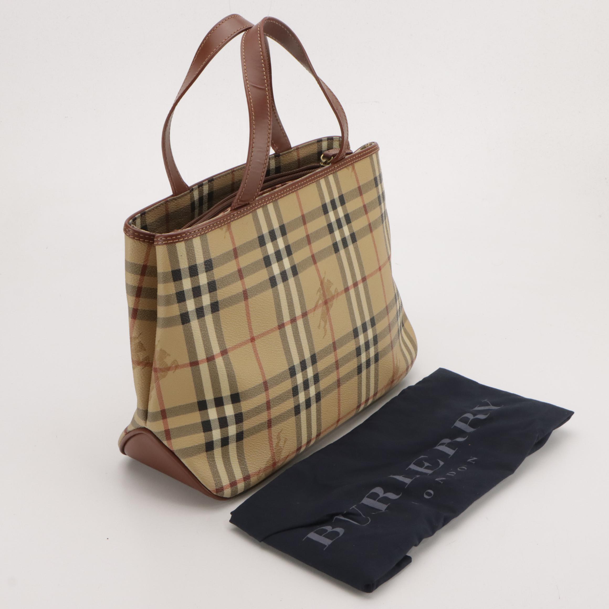 Burberry Shoulder Tote in Haymarket Check Canvas and Brown Leather Trim