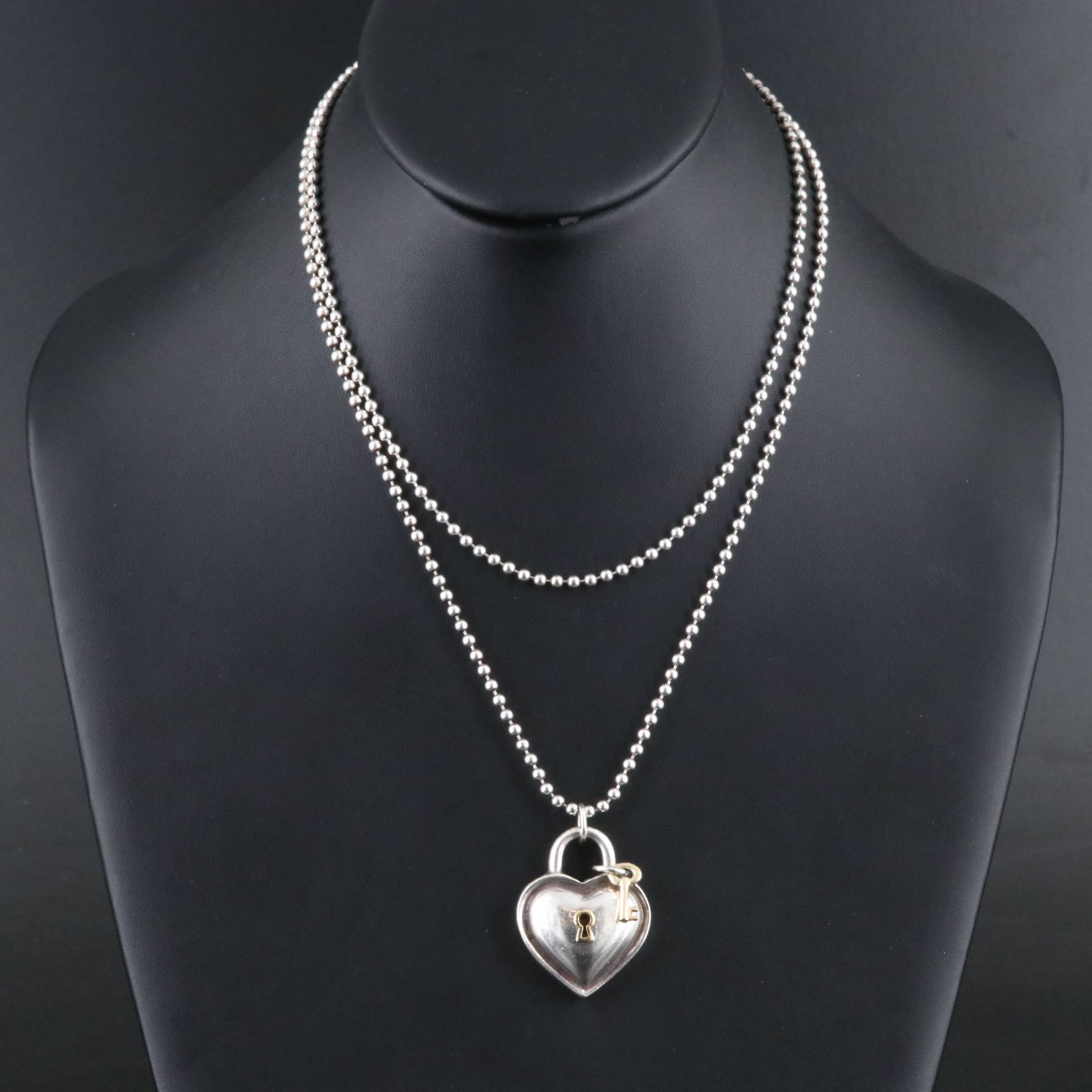 Tiffany & Co. Sterling and 18K Heart Lock Key Pendant Necklace