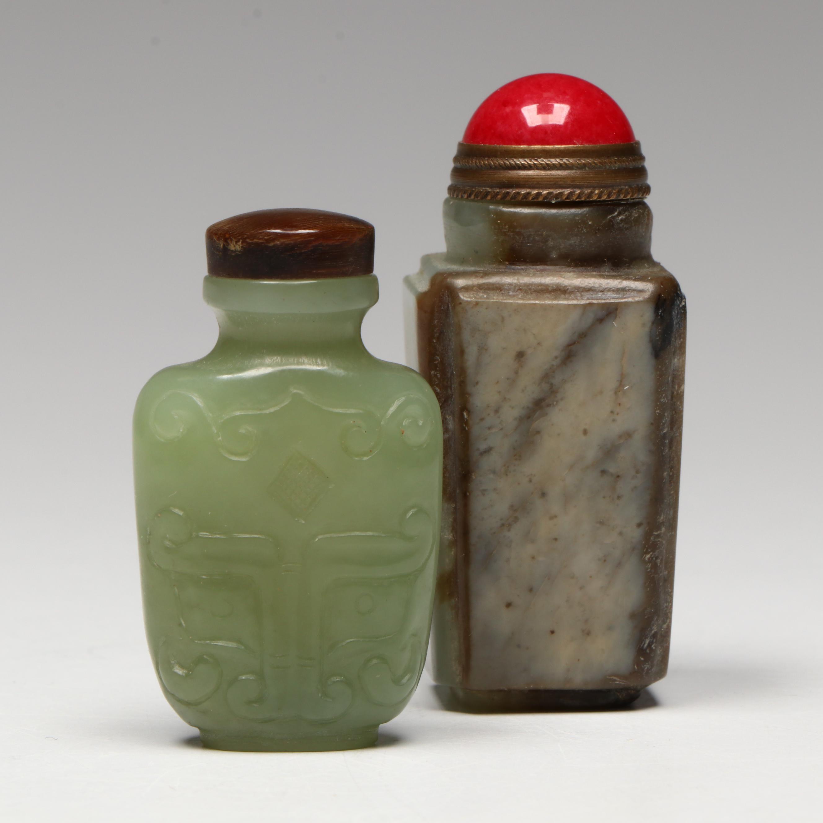 Chinese Carved Serpentine and Quartz Snuff Bottles