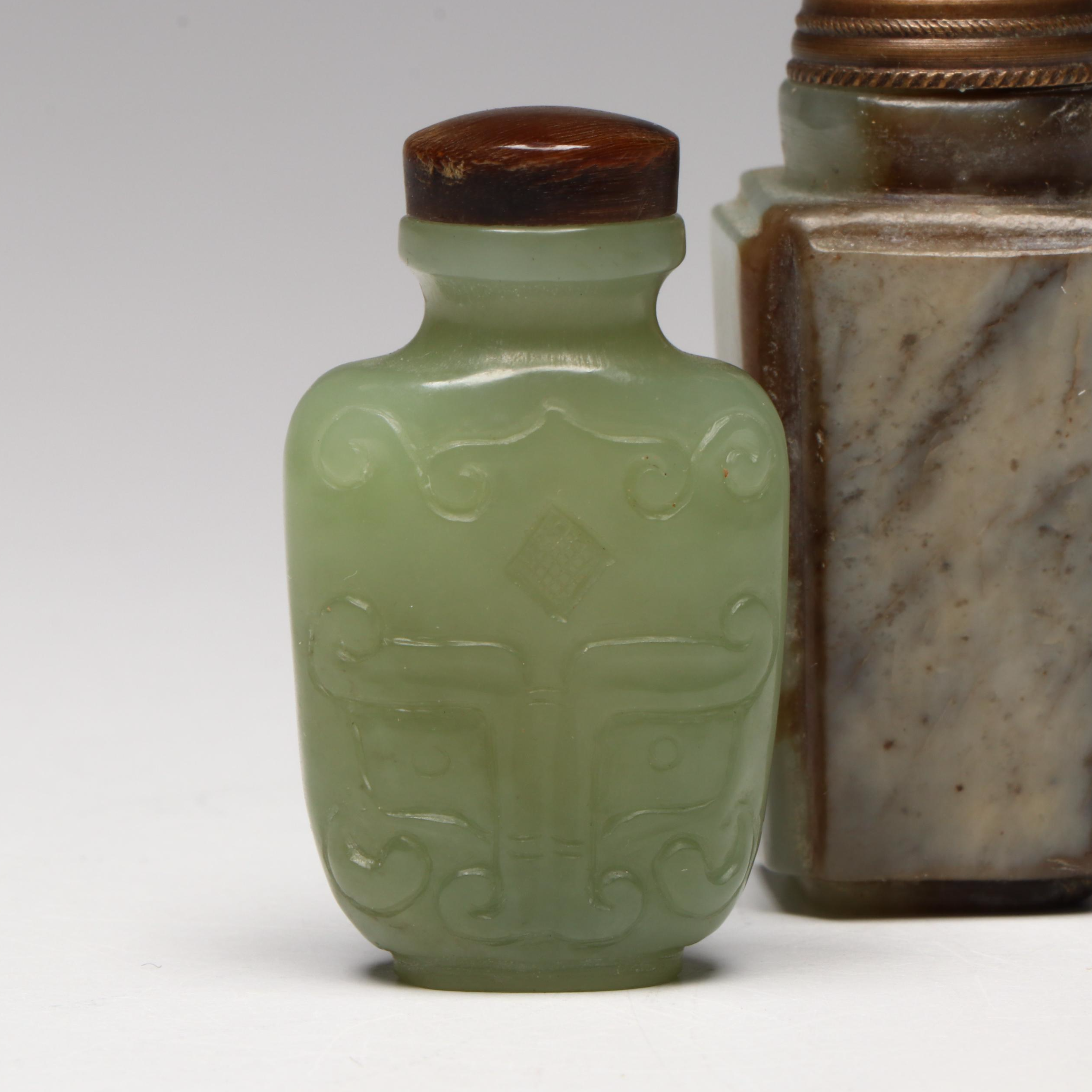 Chinese Carved Serpentine and Quartz Snuff Bottles