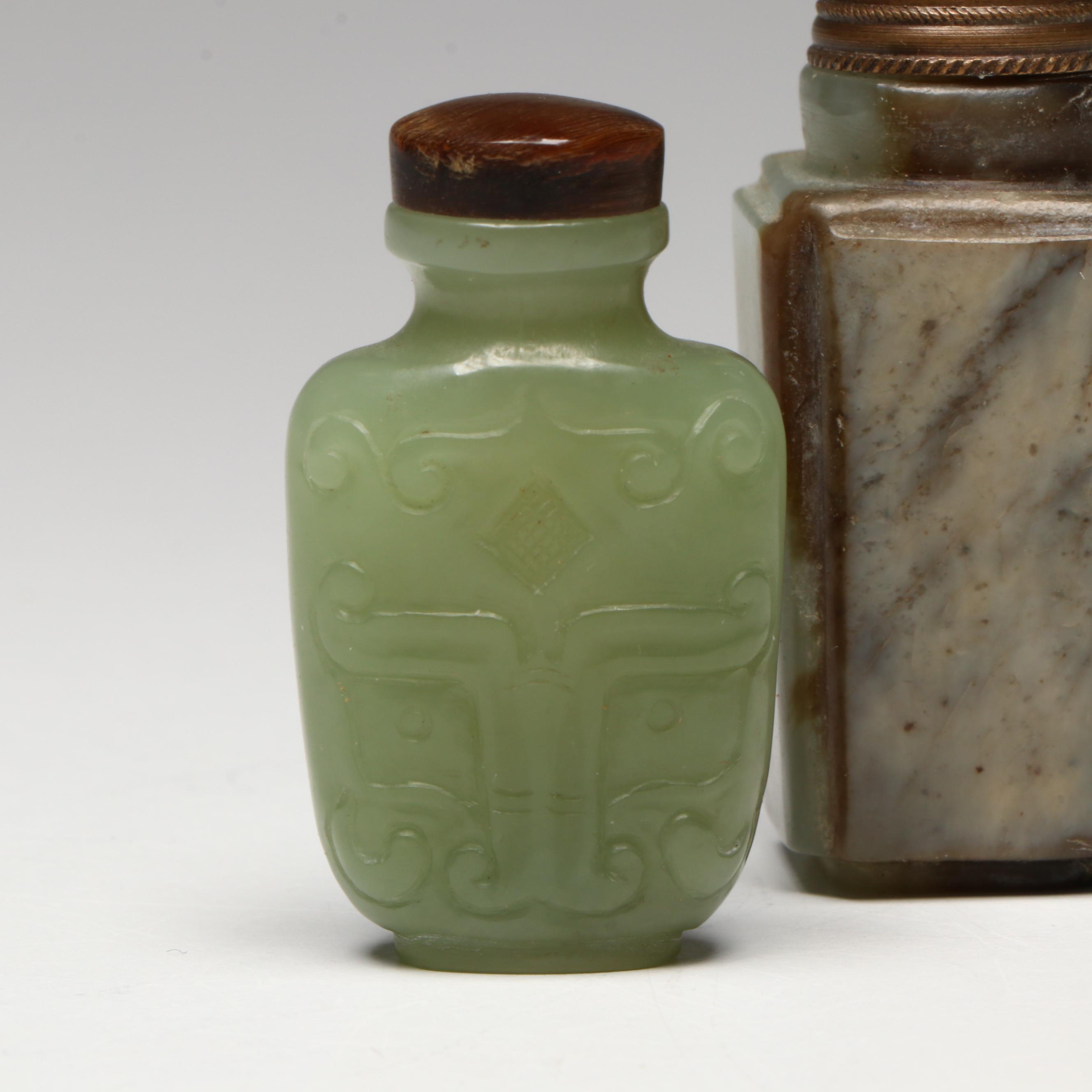 Chinese Carved Serpentine and Quartz Snuff Bottles