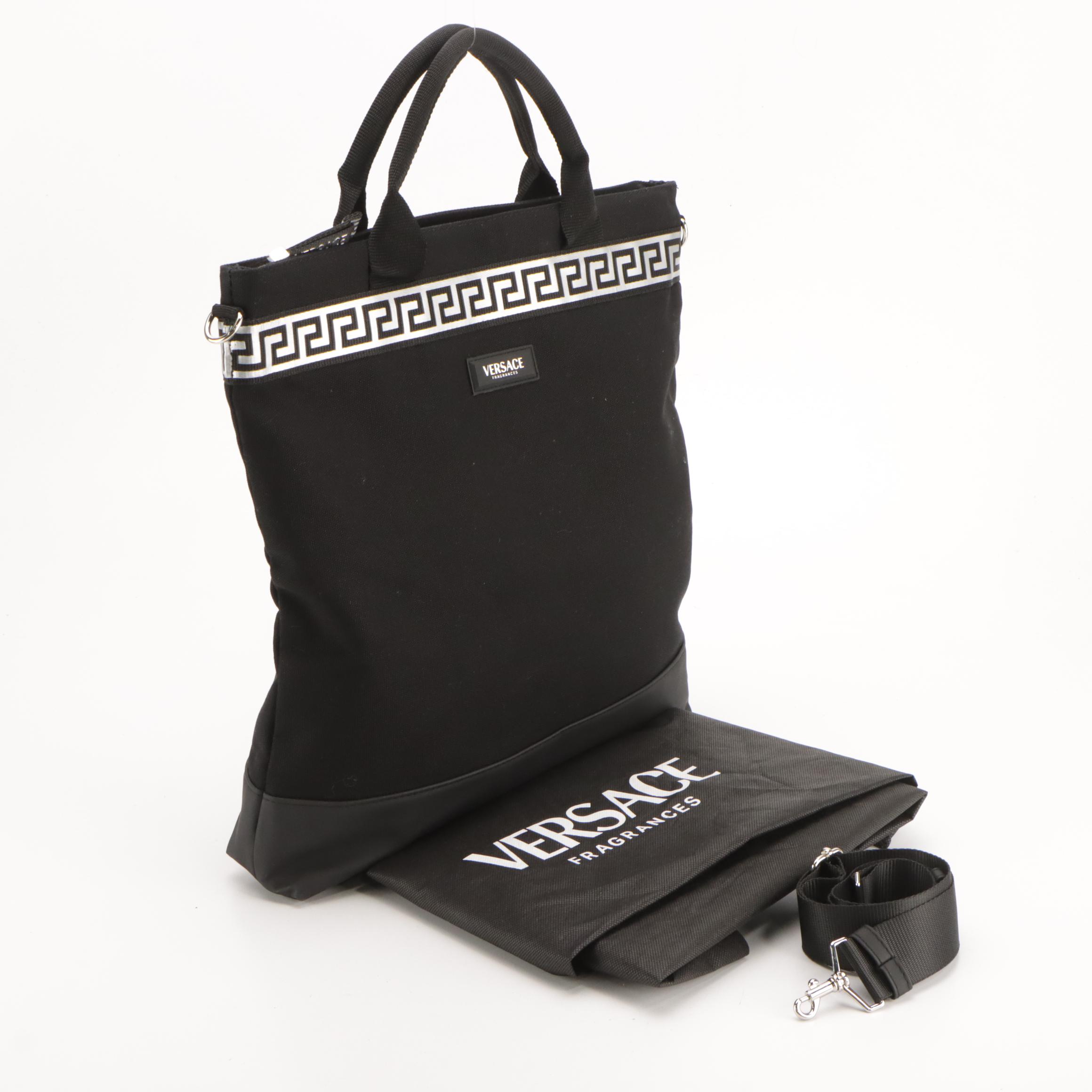 Versace Fragrances Logo Trimmed Vertical Two-Way Tote in Black Canvas