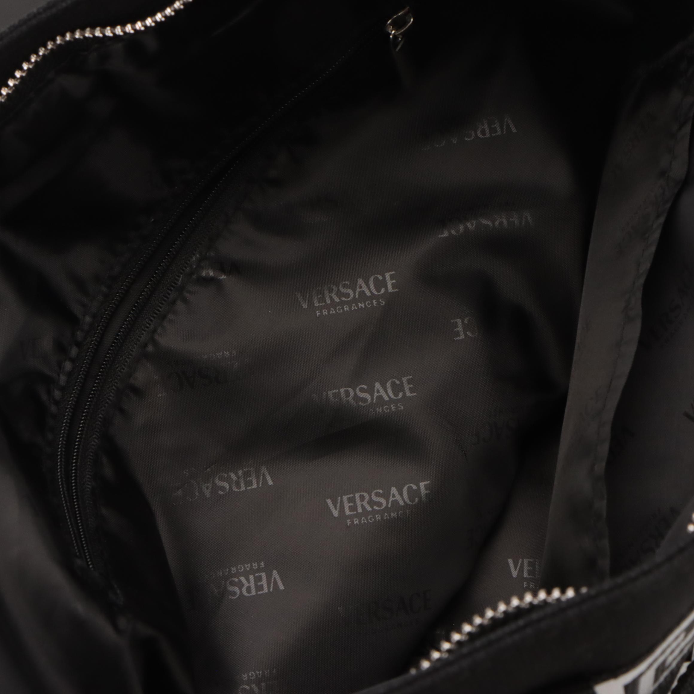 Versace Fragrances Logo Trimmed Vertical Two-Way Tote in Black Canvas