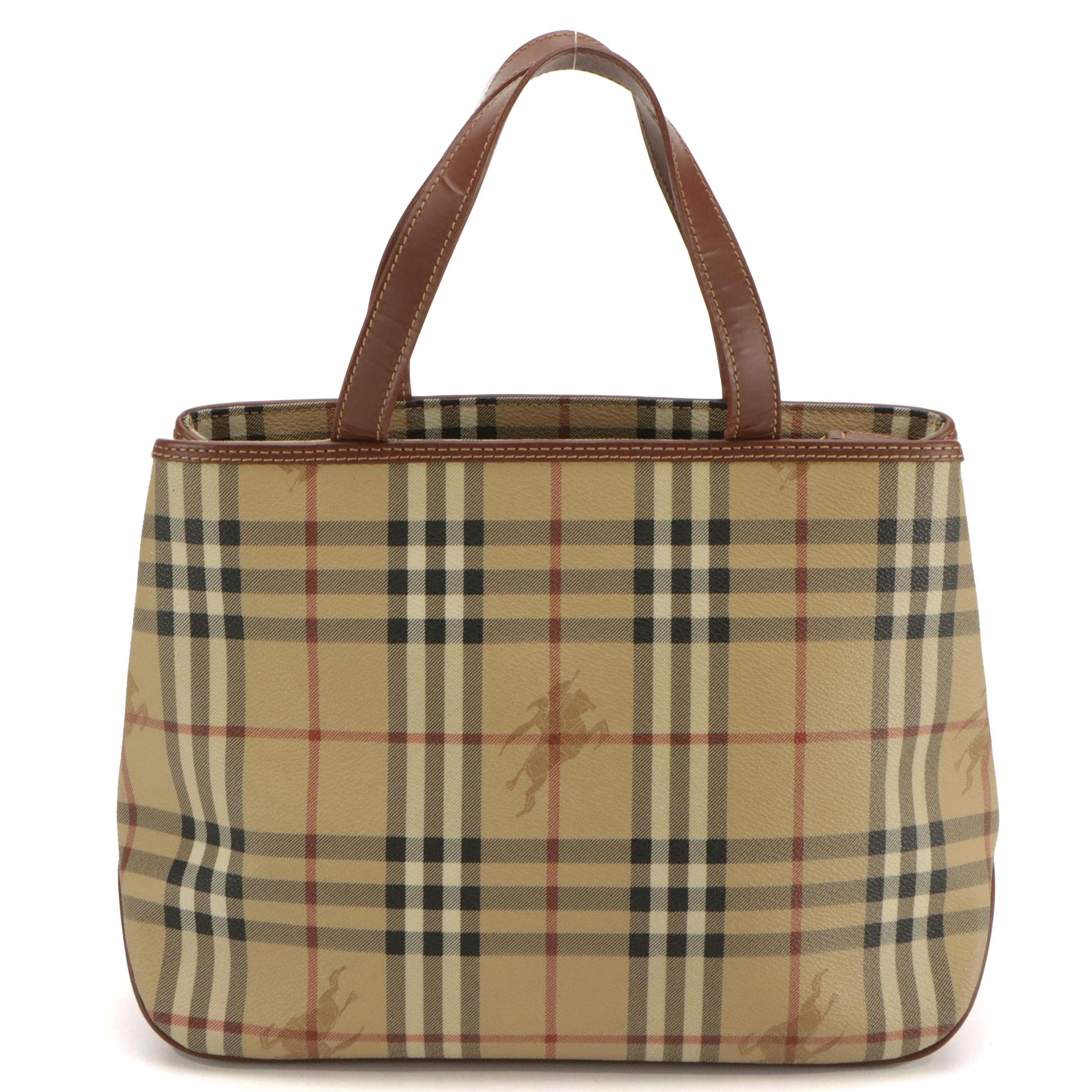 Burberry Shoulder Tote in Haymarket Check Canvas and Brown Leather Trim