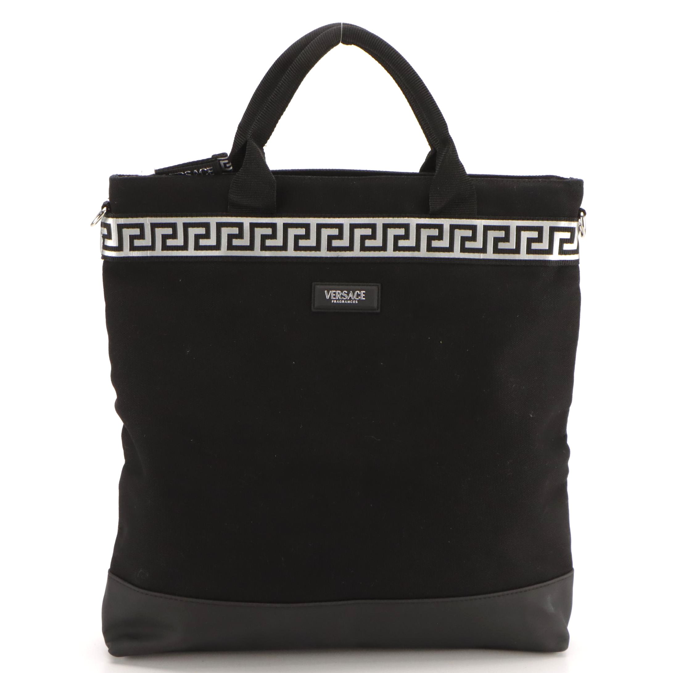 Versace Fragrances Logo Trimmed Vertical Two-Way Tote in Black Canvas
