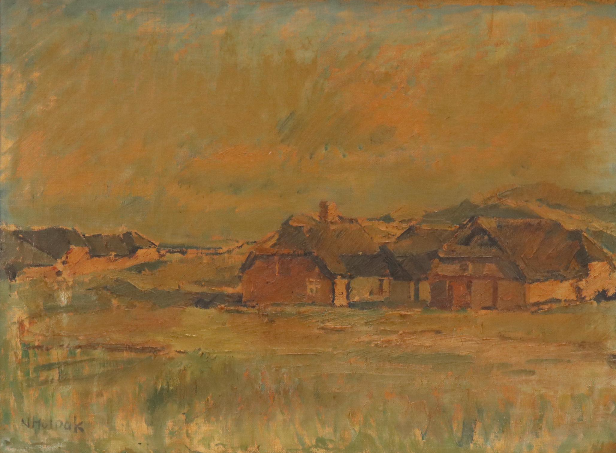 Village Landscape Oil Painting, Circa 1950