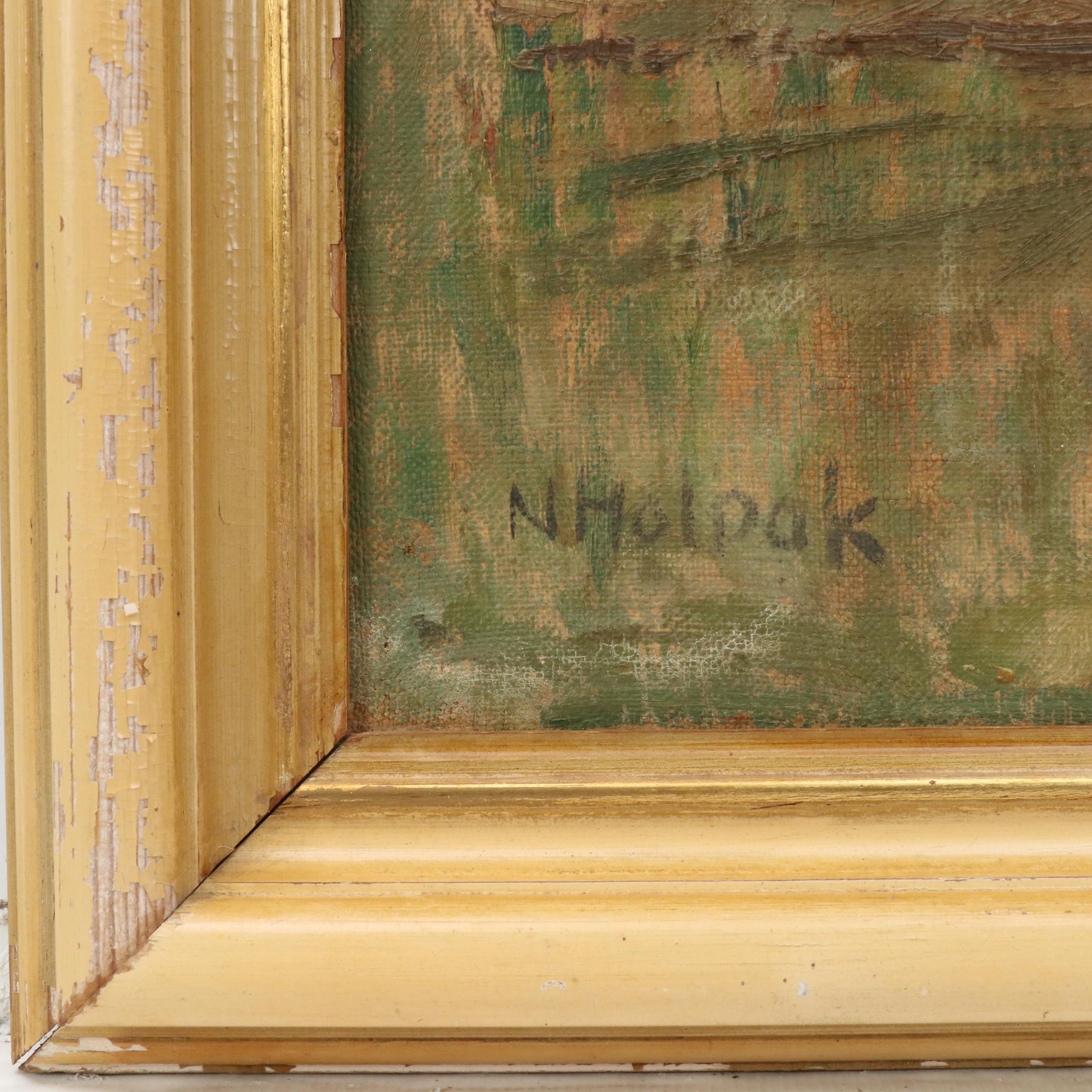 Village Landscape Oil Painting, Circa 1950