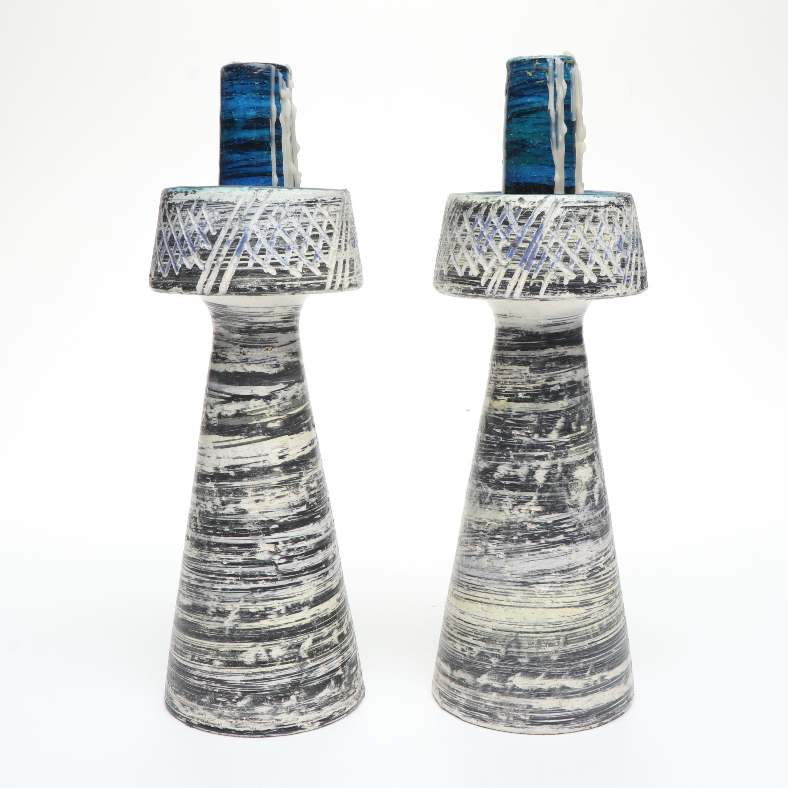Italian Pottery Hand-Painted Candlesticks Pair