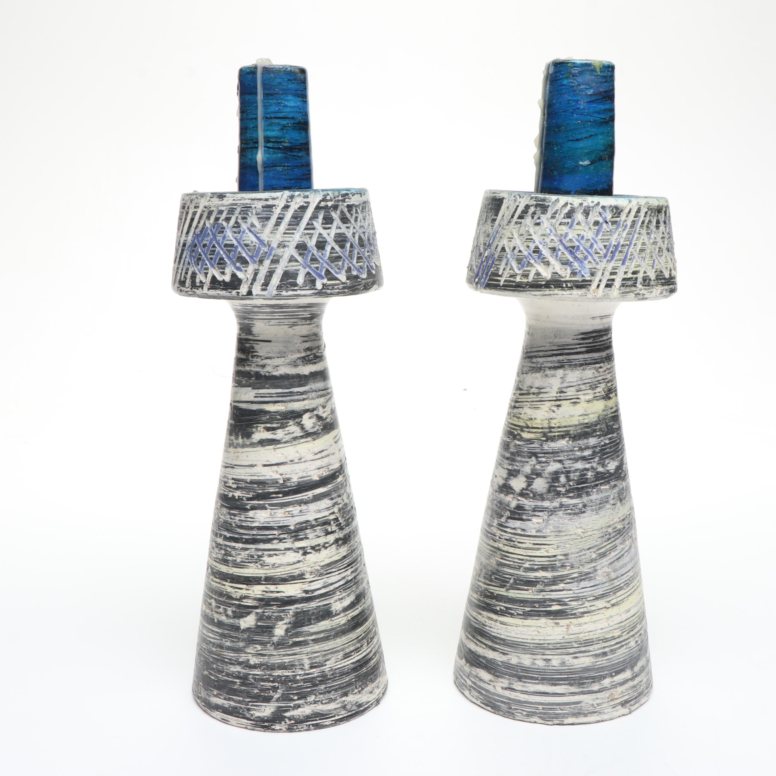 Italian Pottery Hand-Painted Candlesticks Pair