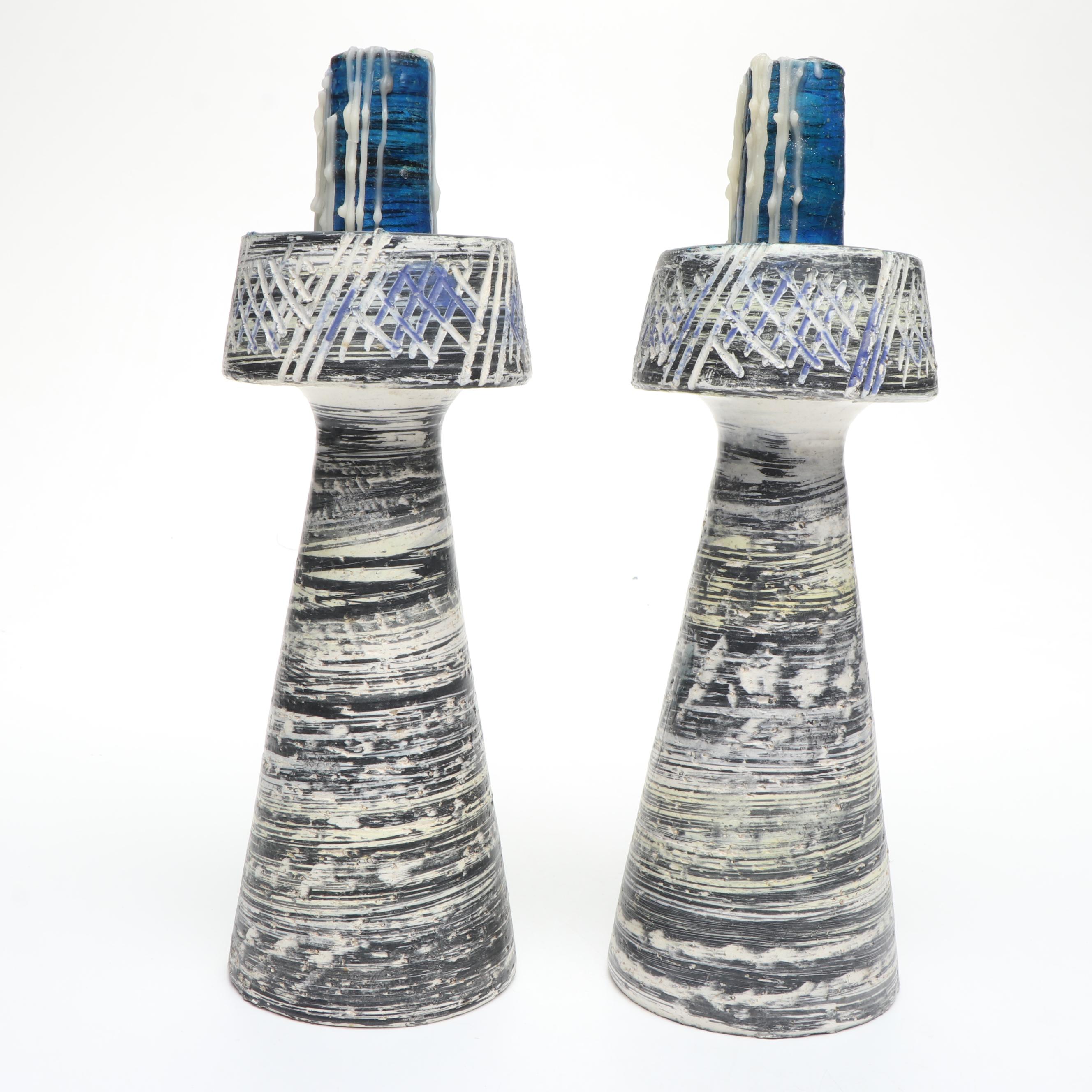 Italian Pottery Hand-Painted Candlesticks Pair