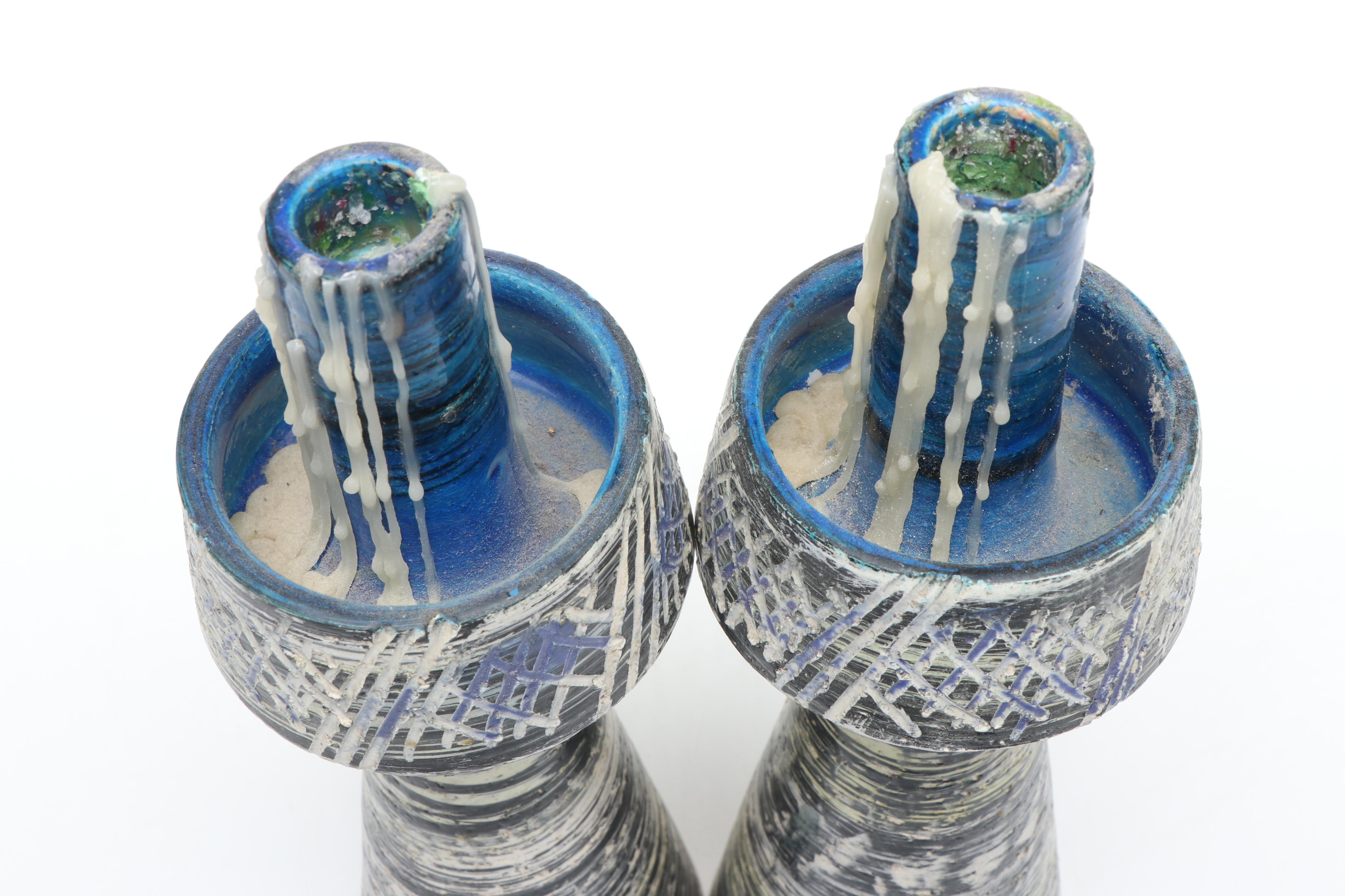 Italian Pottery Hand-Painted Candlesticks Pair