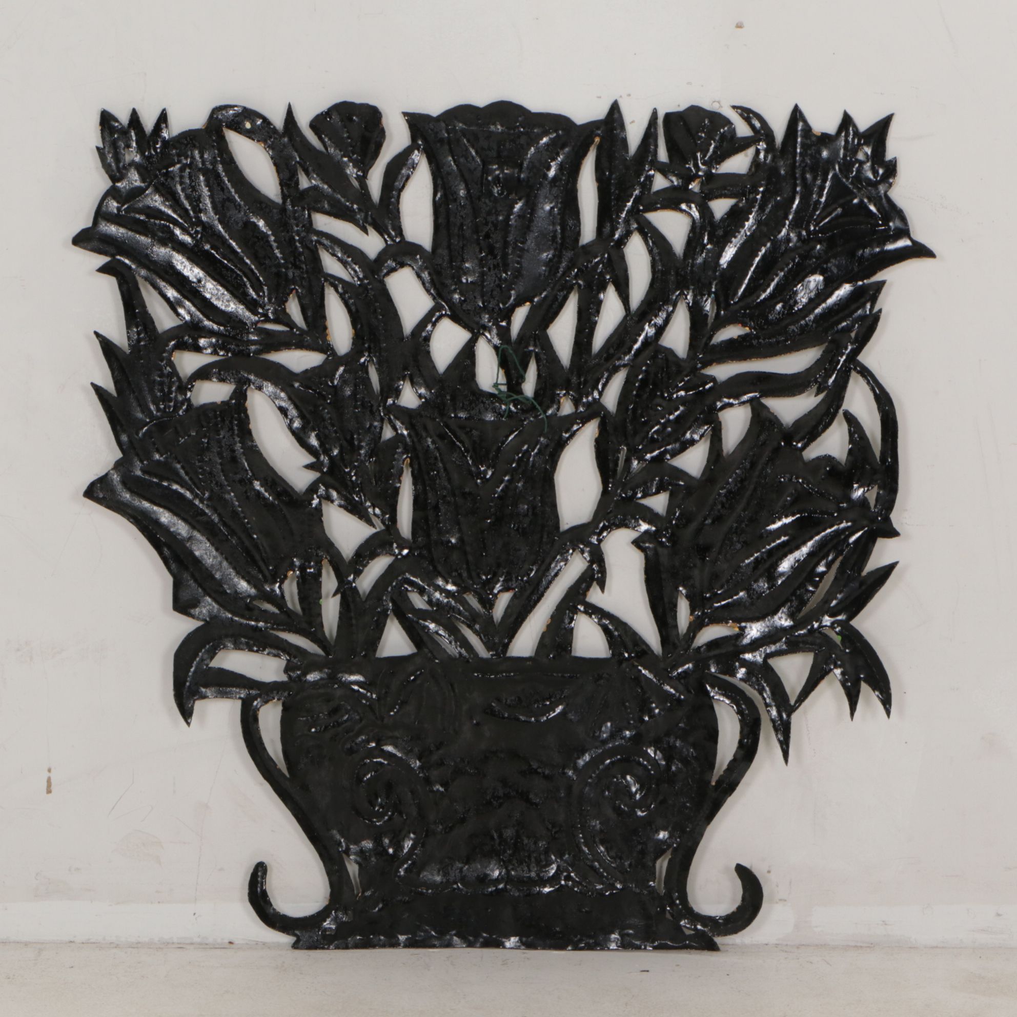 Hand-Painted Enameled Metalwork Flower Basket Wall Hanging