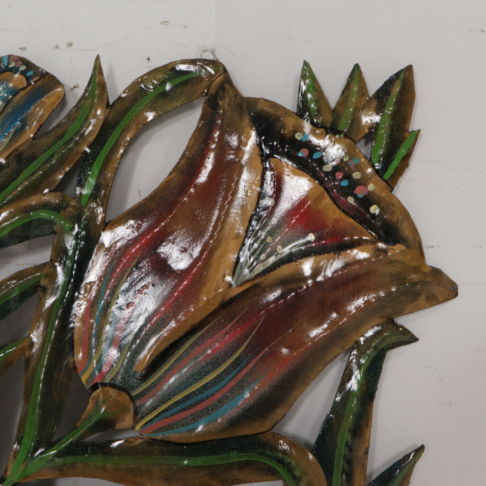 Hand-Painted Enameled Metalwork Flower Basket Wall Hanging