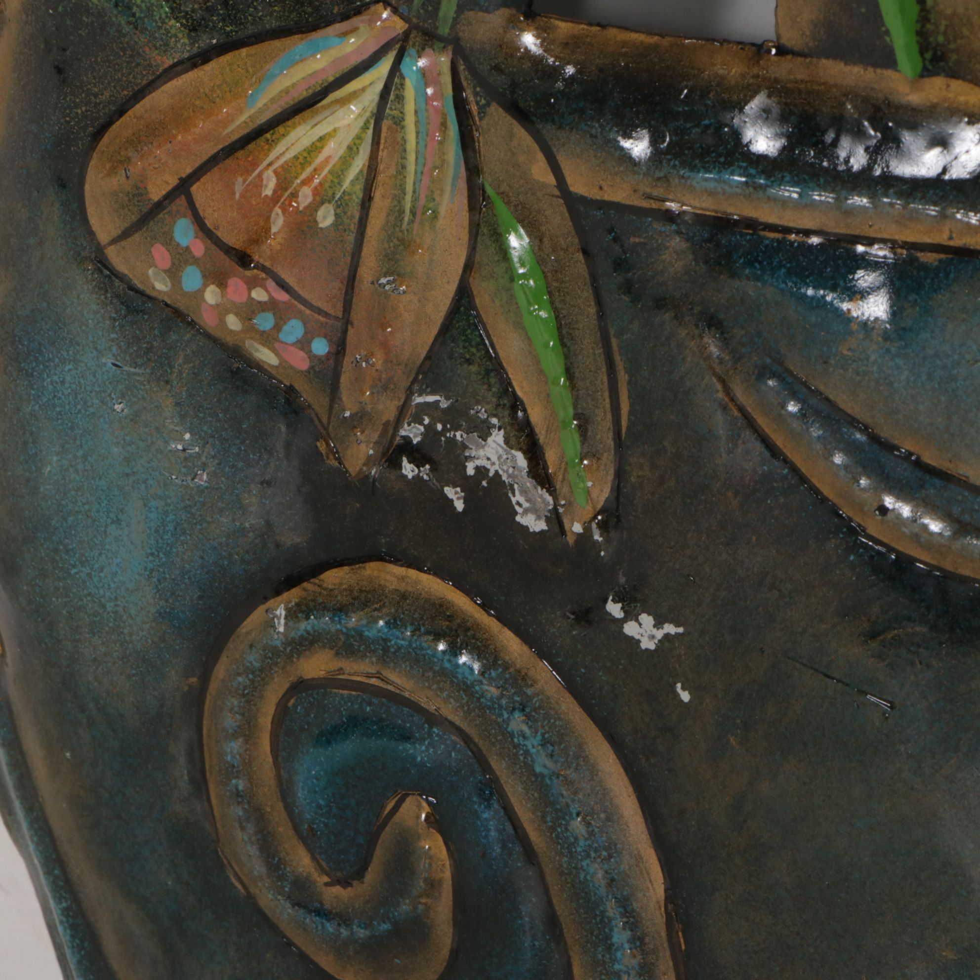 Hand-Painted Enameled Metalwork Flower Basket Wall Hanging