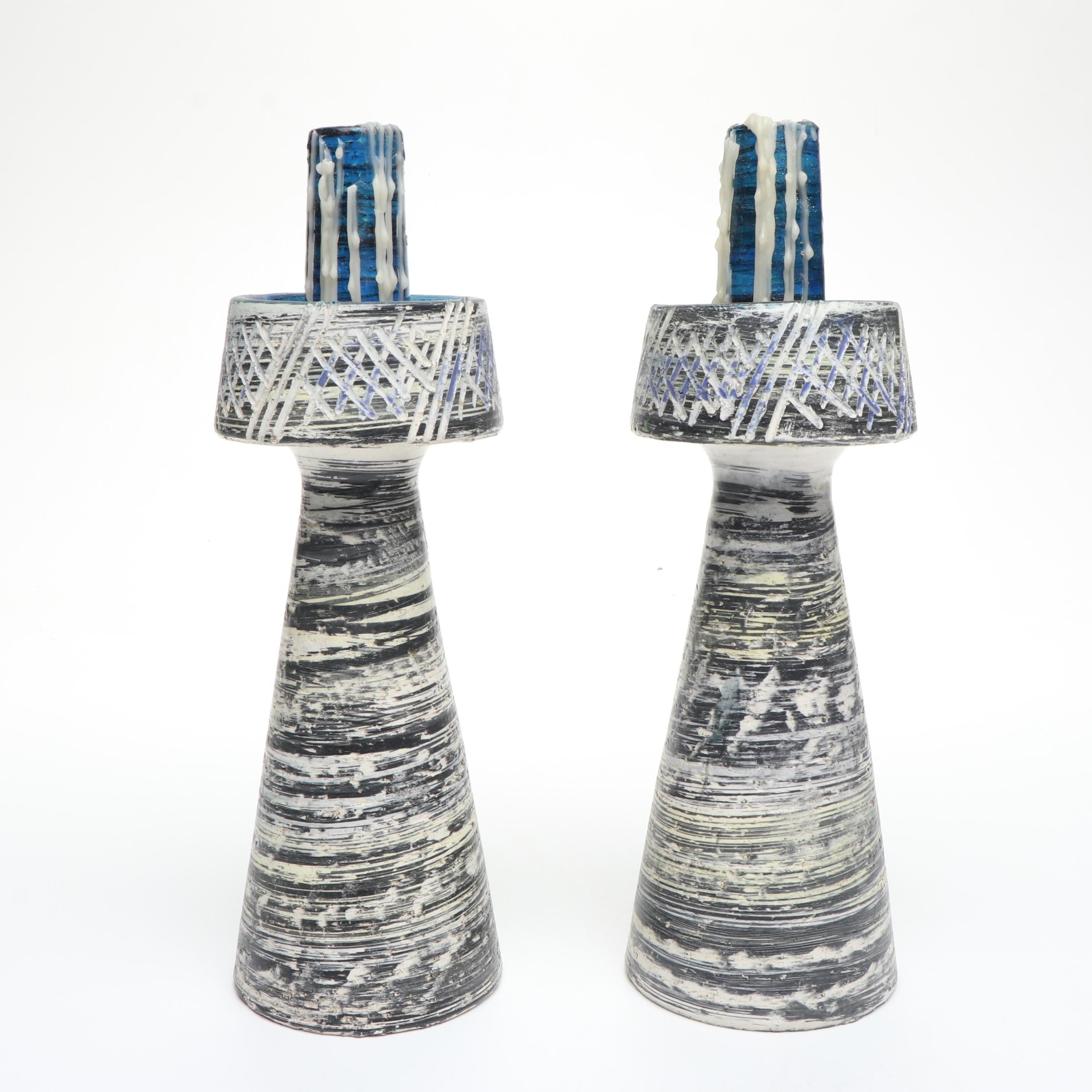 Italian Pottery Hand-Painted Candlesticks Pair