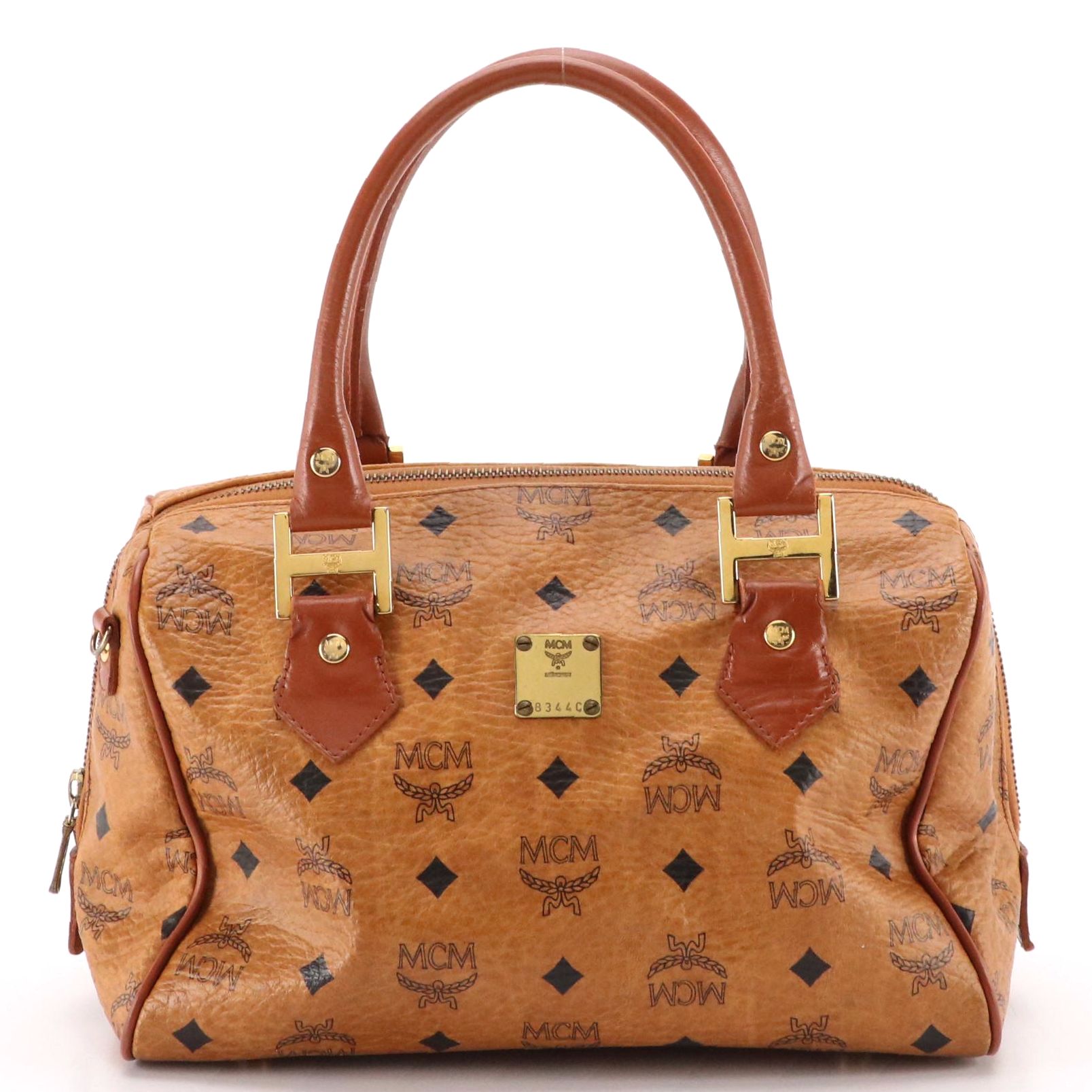 MCM Small Boston Bag in Cognac Visetos Canvas and Leather Trim