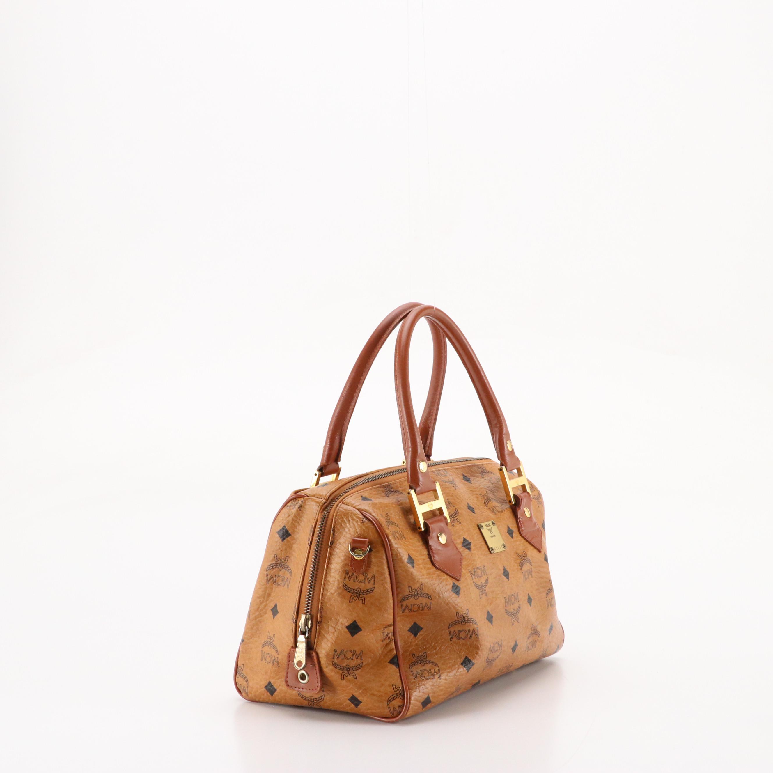 MCM Small Boston Bag in Cognac Visetos Canvas and Leather Trim