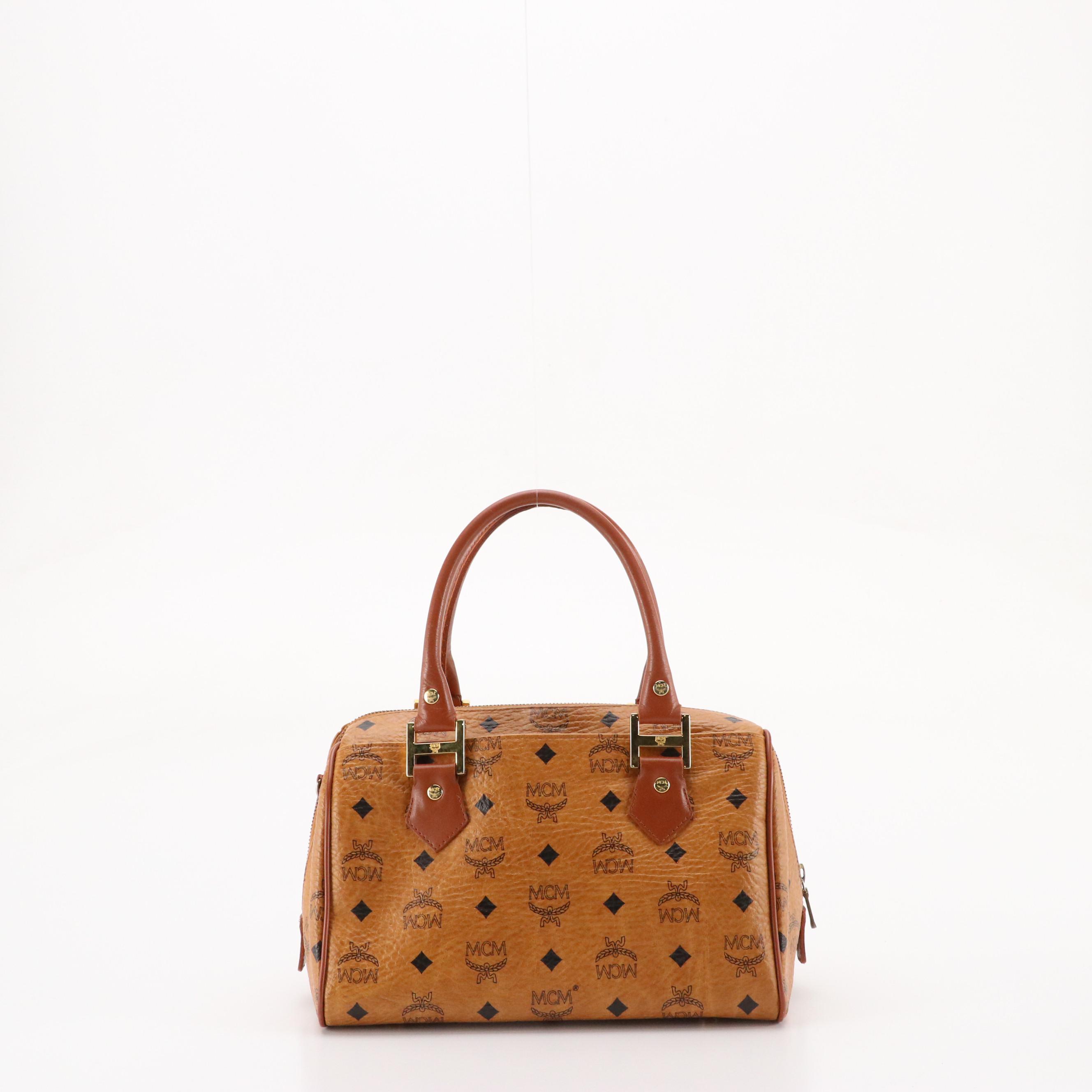 MCM Small Boston Bag in Cognac Visetos Canvas and Leather Trim
