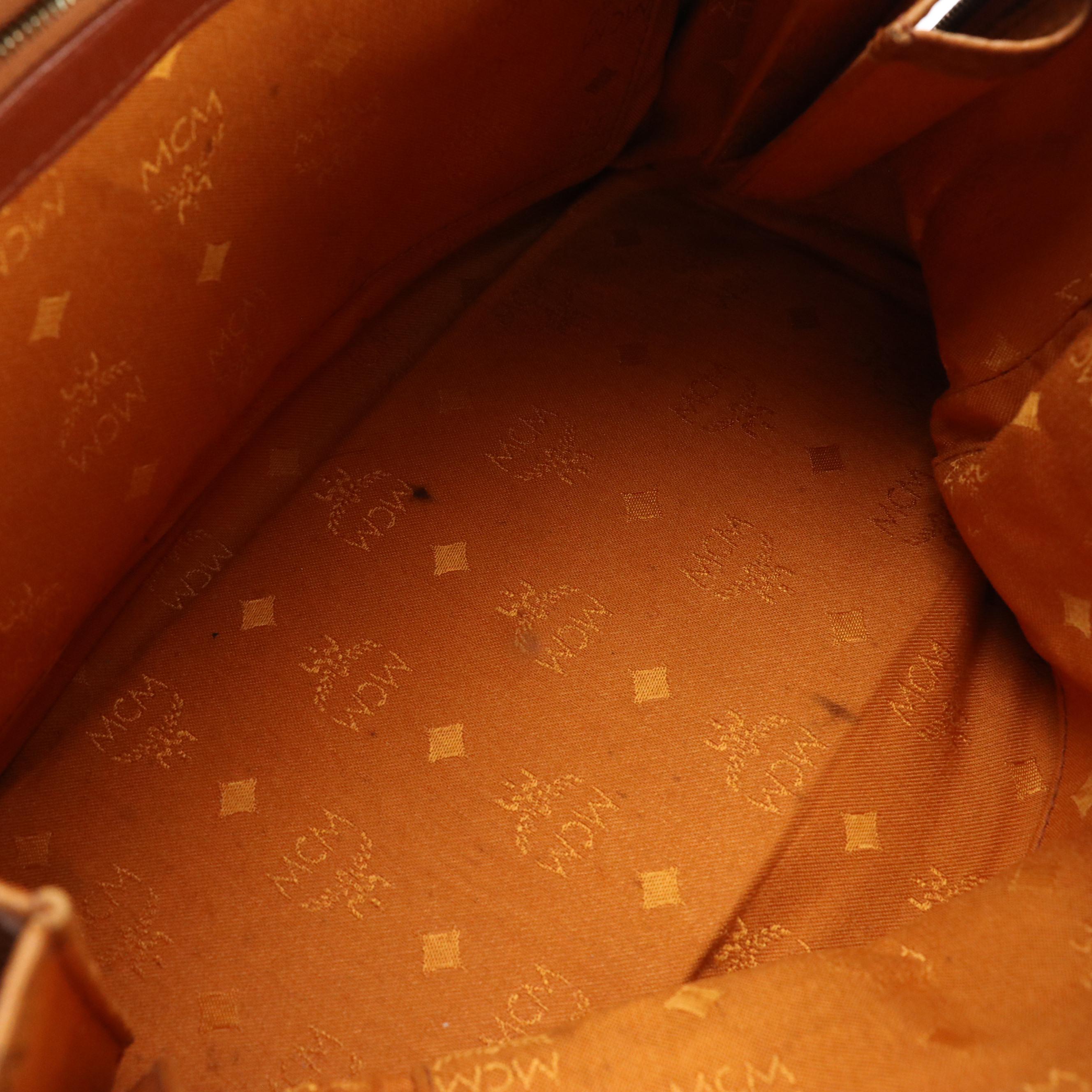 MCM Small Boston Bag in Cognac Visetos Canvas and Leather Trim