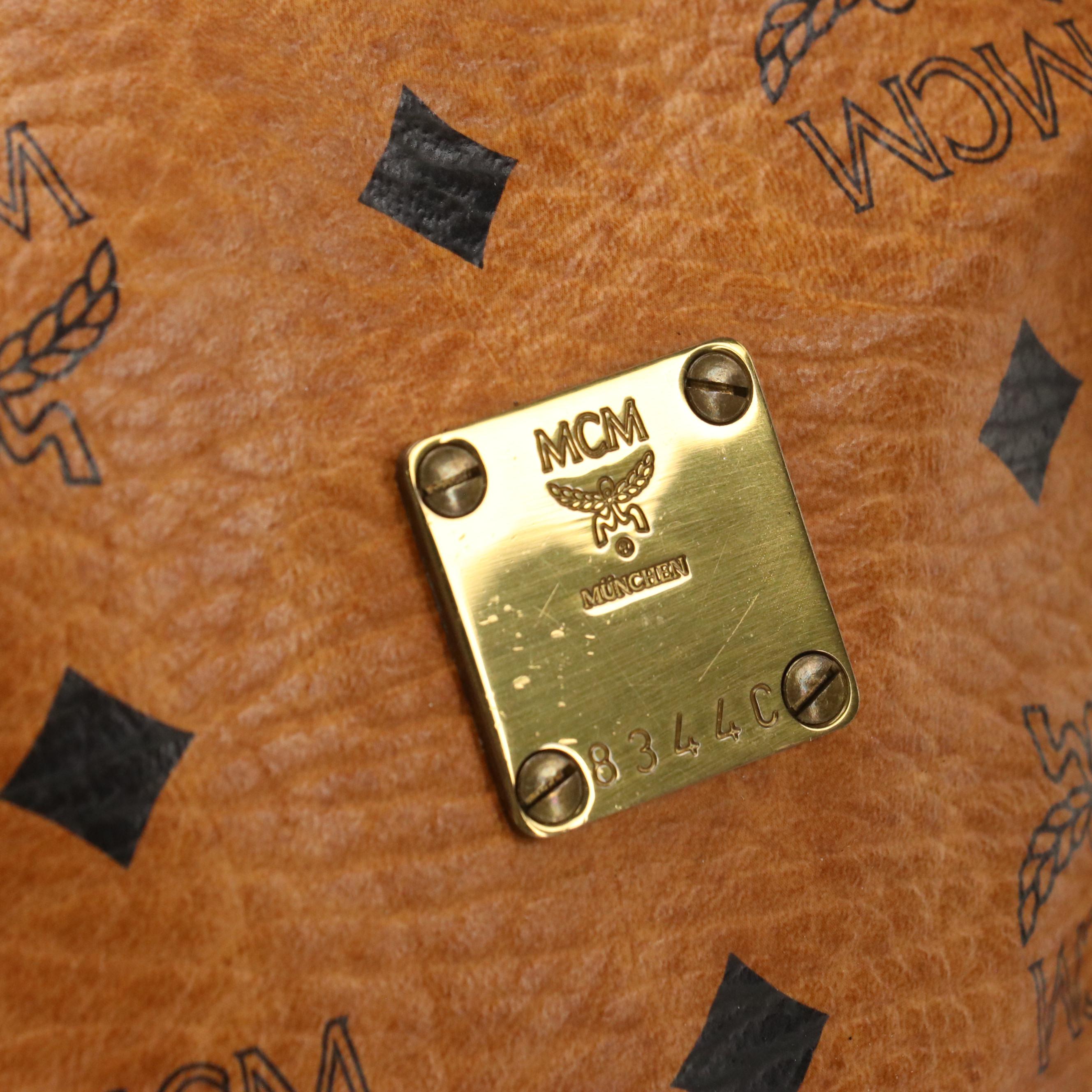 MCM Small Boston Bag in Cognac Visetos Canvas and Leather Trim