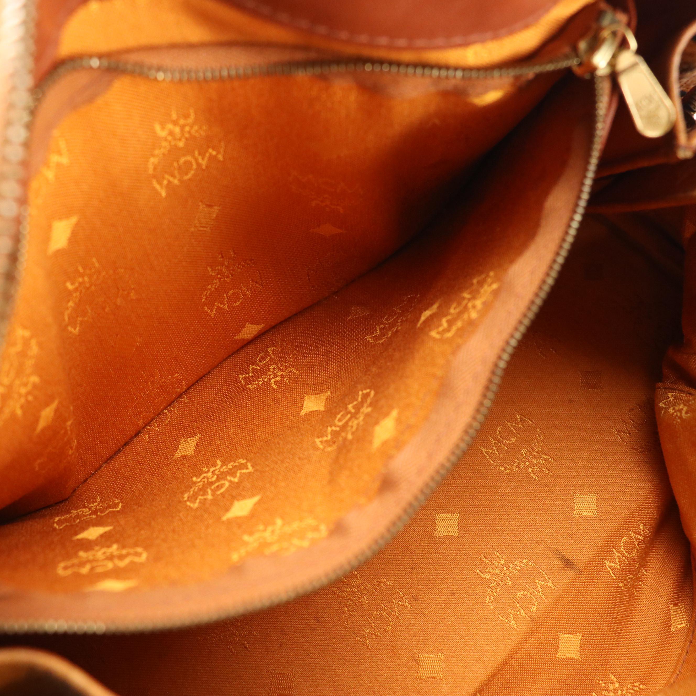 MCM Small Boston Bag in Cognac Visetos Canvas and Leather Trim