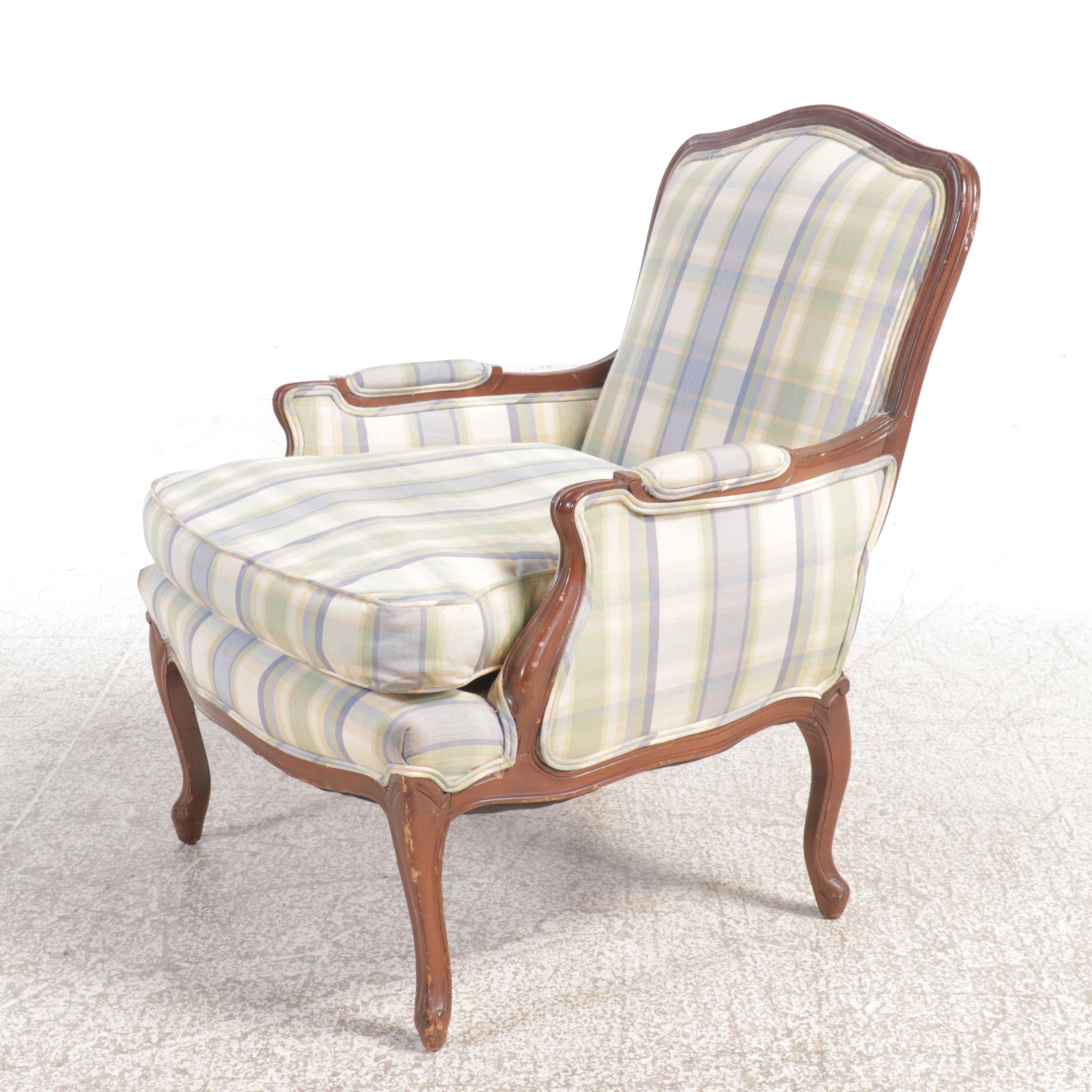 Louis XV Style Walnut and Plaid Upholstered Bergère