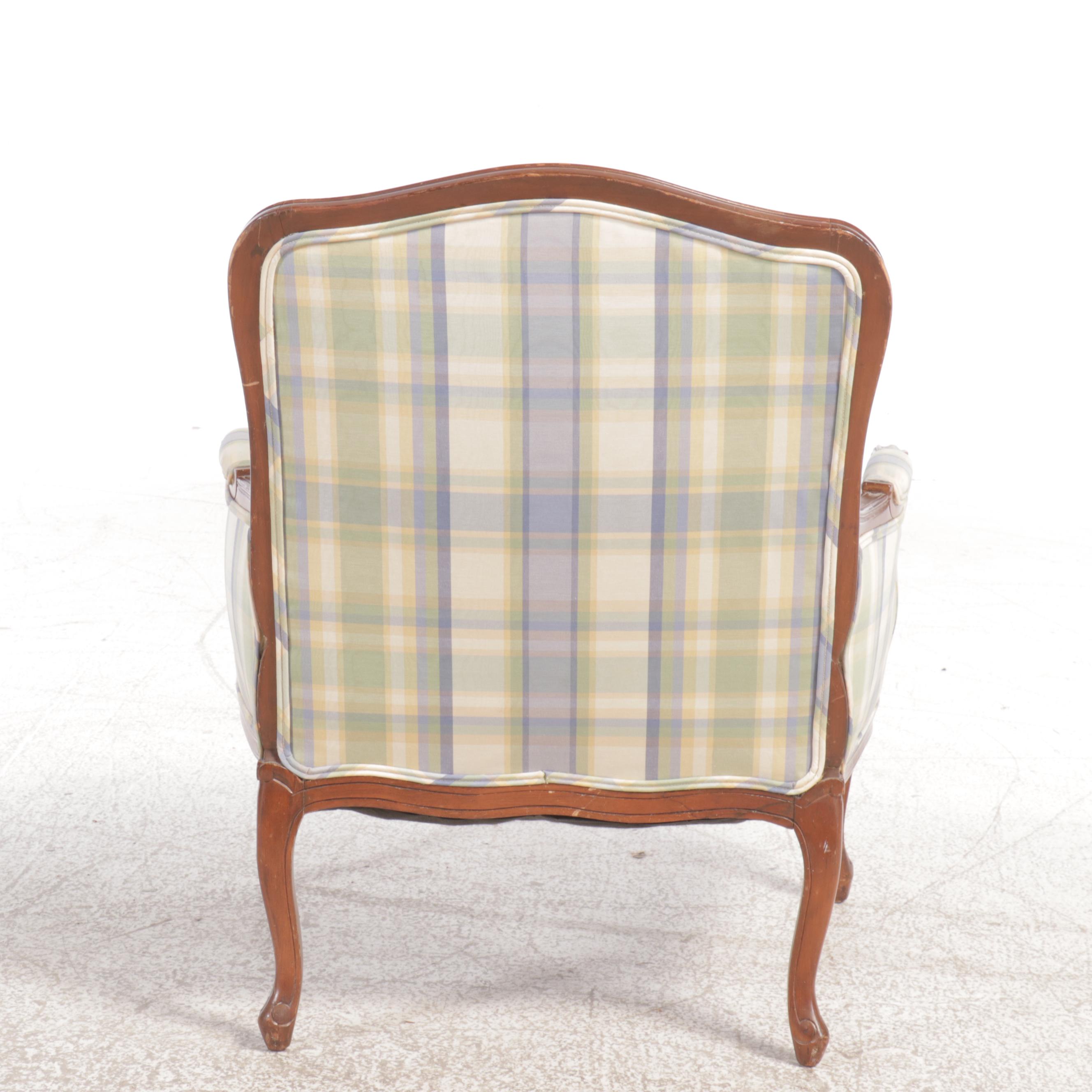 Louis XV Style Walnut and Plaid Upholstered Bergère