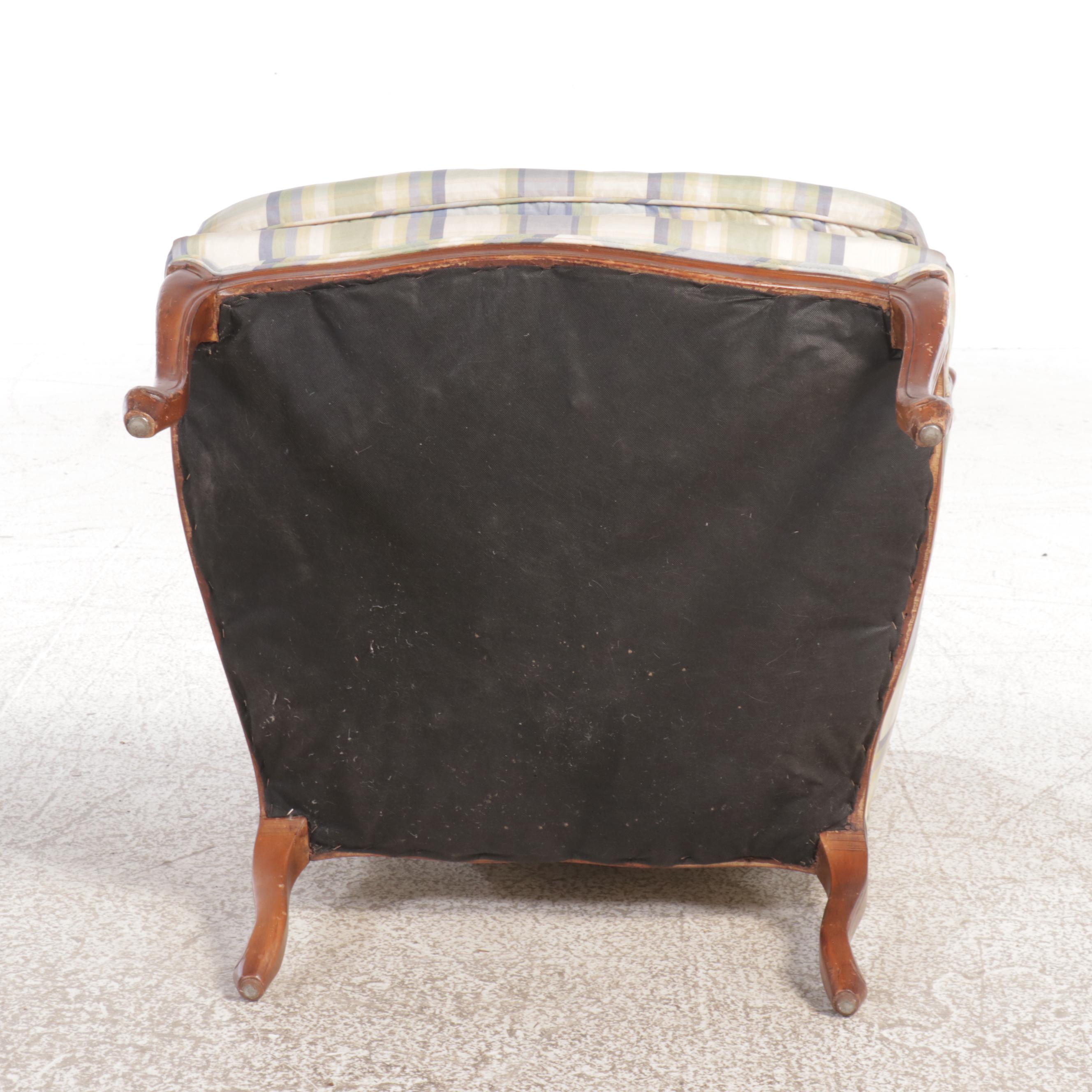 Louis XV Style Walnut and Plaid Upholstered Bergère